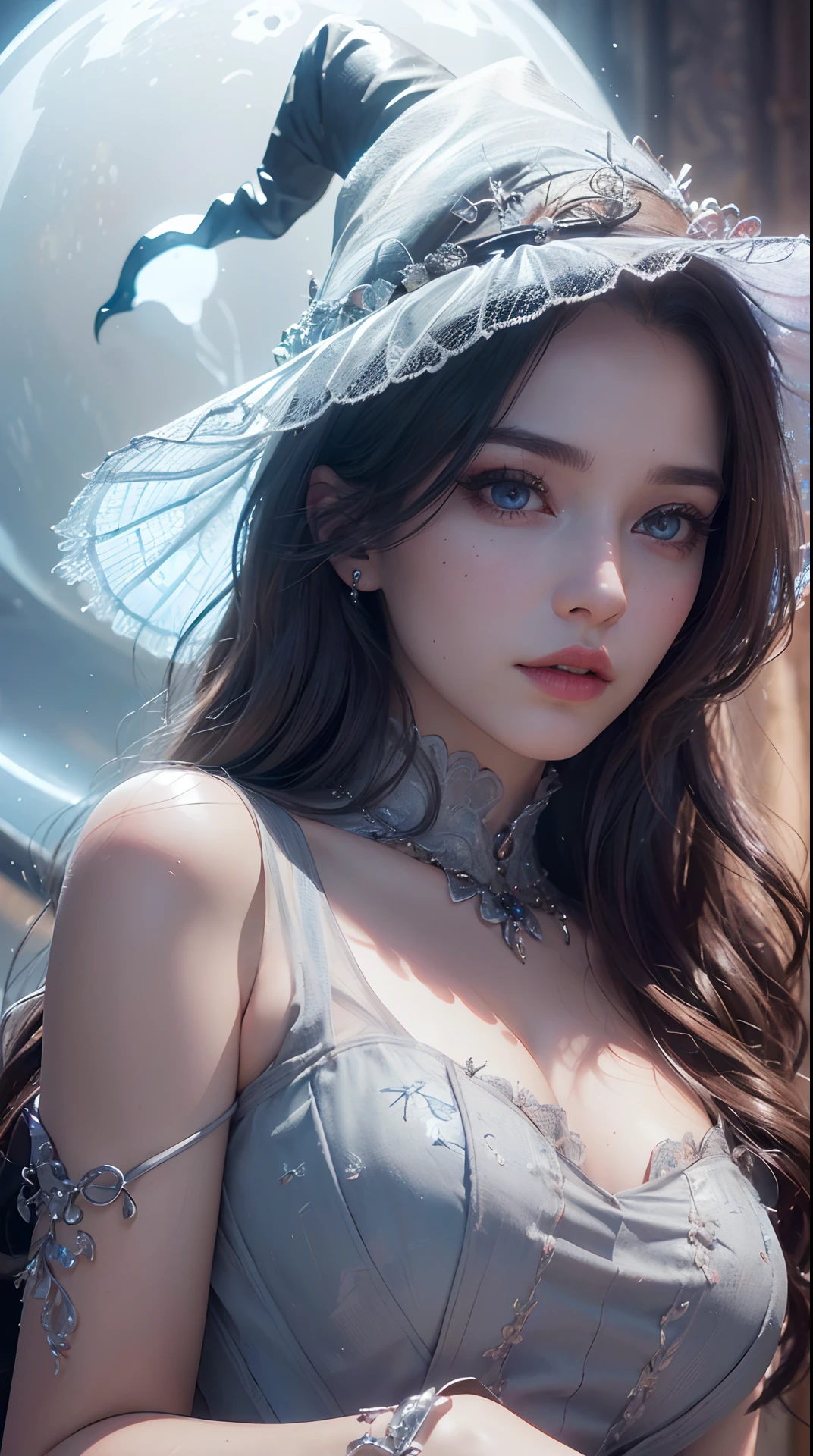 (best quality,4k,8k,highres,masterpiece:1.2), ultra-detailed, (realistic,photorealistic,photo-realistic:1.37), (beautiful detailed eyes, beautiful detailed lips, extremely detailed eyes and face, long eyelashes), studio lighting, physically-based rendering, vivid colors, (Fancy dress, witch, ghost),