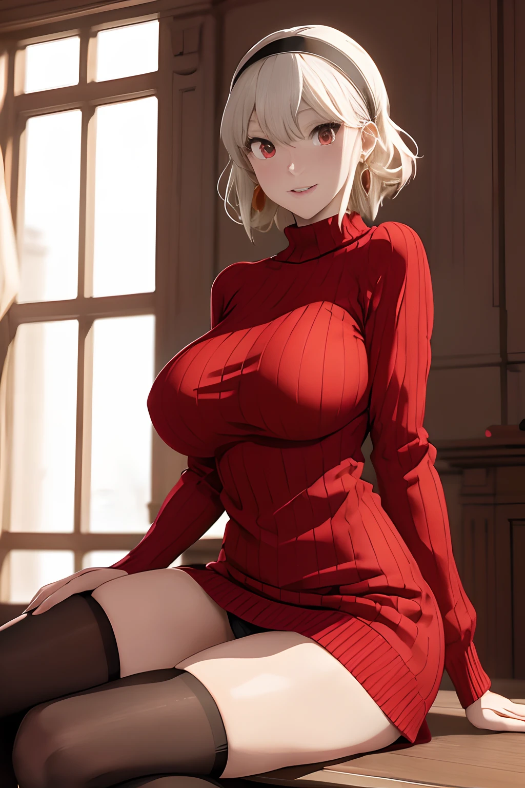 (Highly detailed), Best Quality, masutepiece, Best Quality, hight resolution, Bjorf, (Jolfager lifting her skirt and sitting: 2), (leg spreading: 1.8), short hair with long locks, white hairband, Red Eyes, Gold Earrings, Large breasts, Jewelry, off shoulders, (Red sweater: 1.5), (Red Sweater Dress: 1.5), Long sleeves, Black stockings, Full body, (up skirt: 2), (White panties: 3), (Visible panties: 2), (Full body: 1.3), (Colossal tits: 1.5), (lift up her skirt: 2), (Full body: 1.3), Realistic