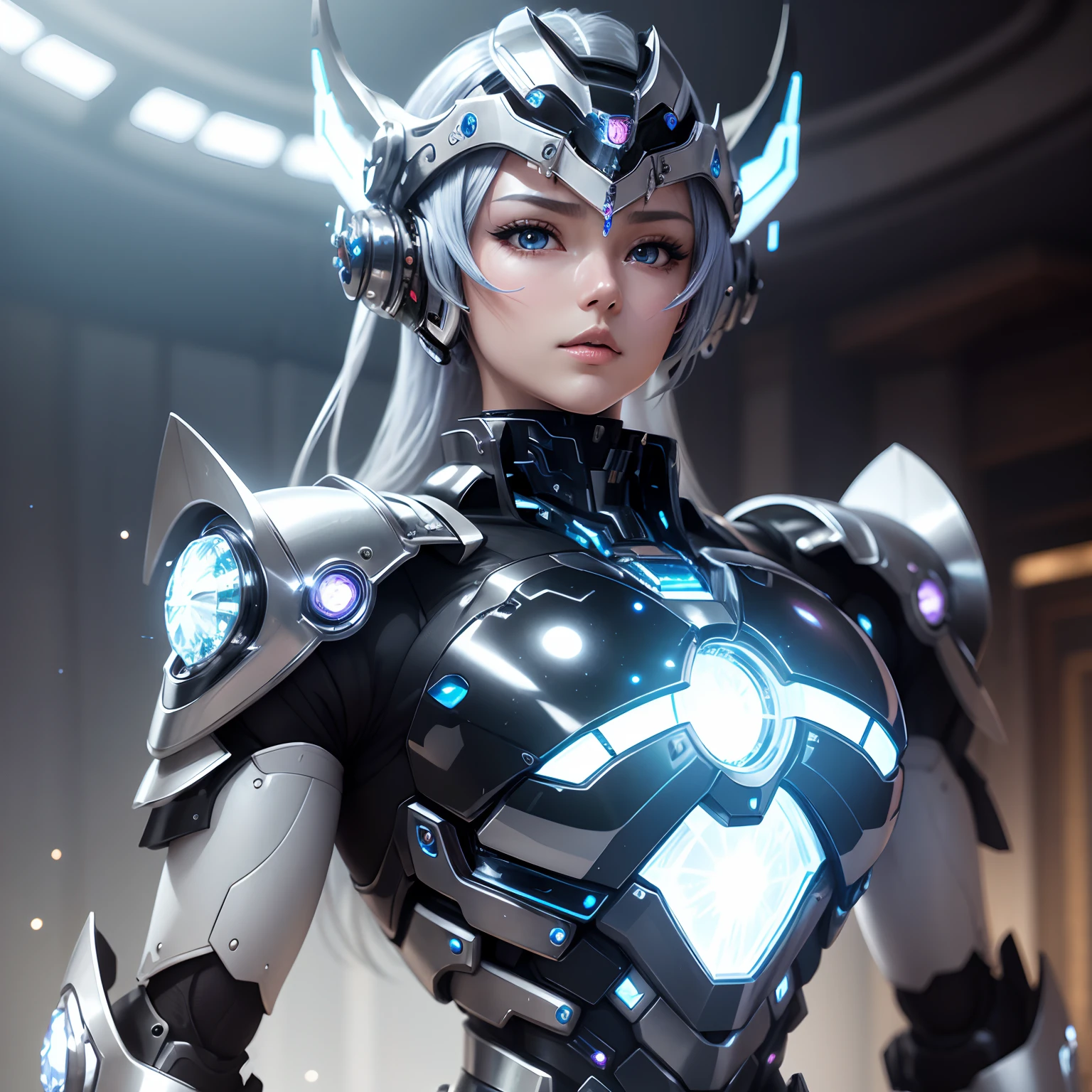 finest image, detailed and delicate depiction, Anime Brave REIDEEN-like robot, It is made of chrome-plated mirror-finished metal parts and jewelry parts with iridescent facets and round brilliant cuts, blurry background black iridescent light particles, fine water droplets, galaxy, professional lighting