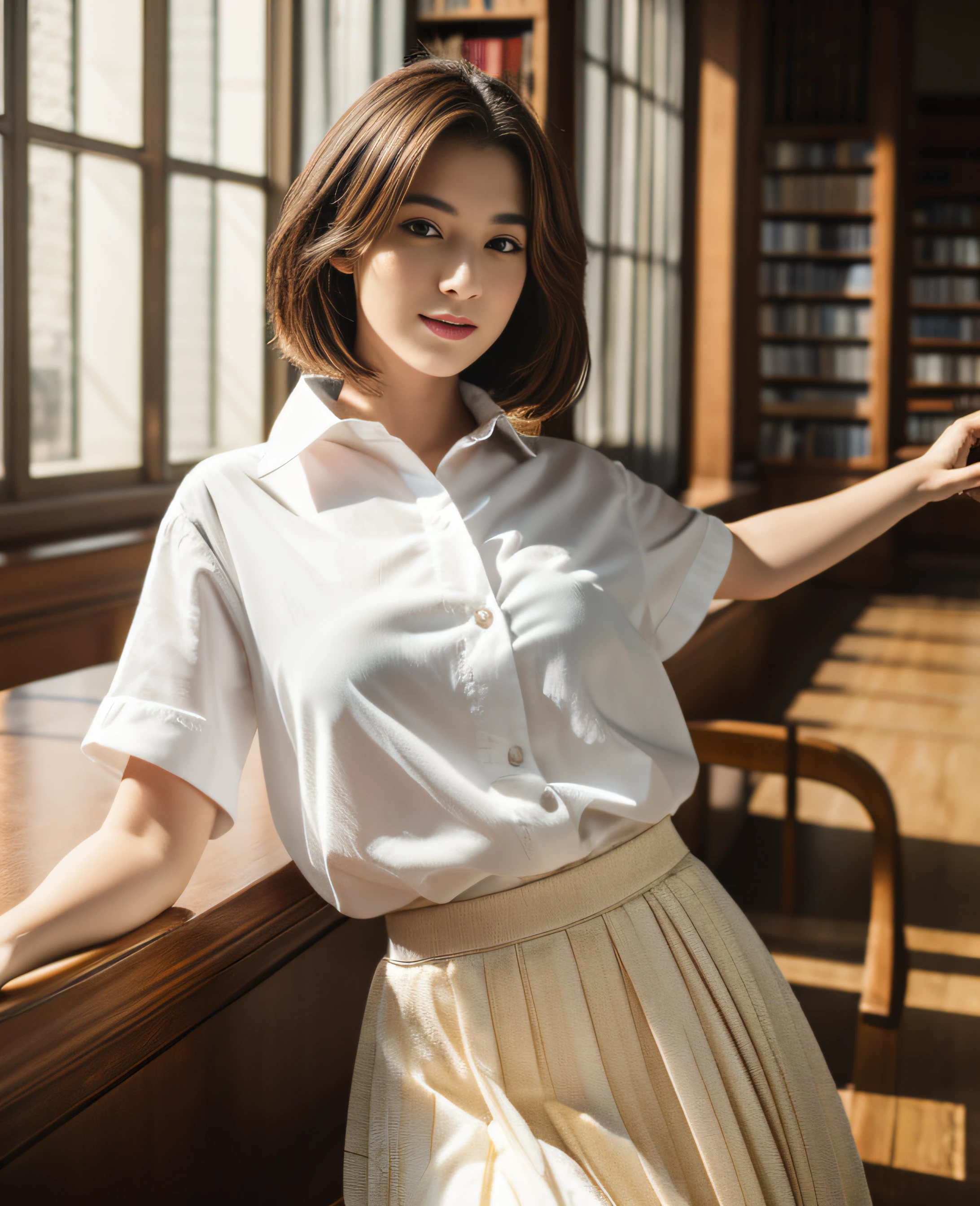 Masterpiece, Top Quality, Ultra High Resolution, (Photorealistic: 1.4), Beautiful Lighting, RAW Photo, 8k UHD, Super Detailed Face, Beautiful Woman, ((wears white shirt) and long pleated skirt)), Library , long shot, indoor,