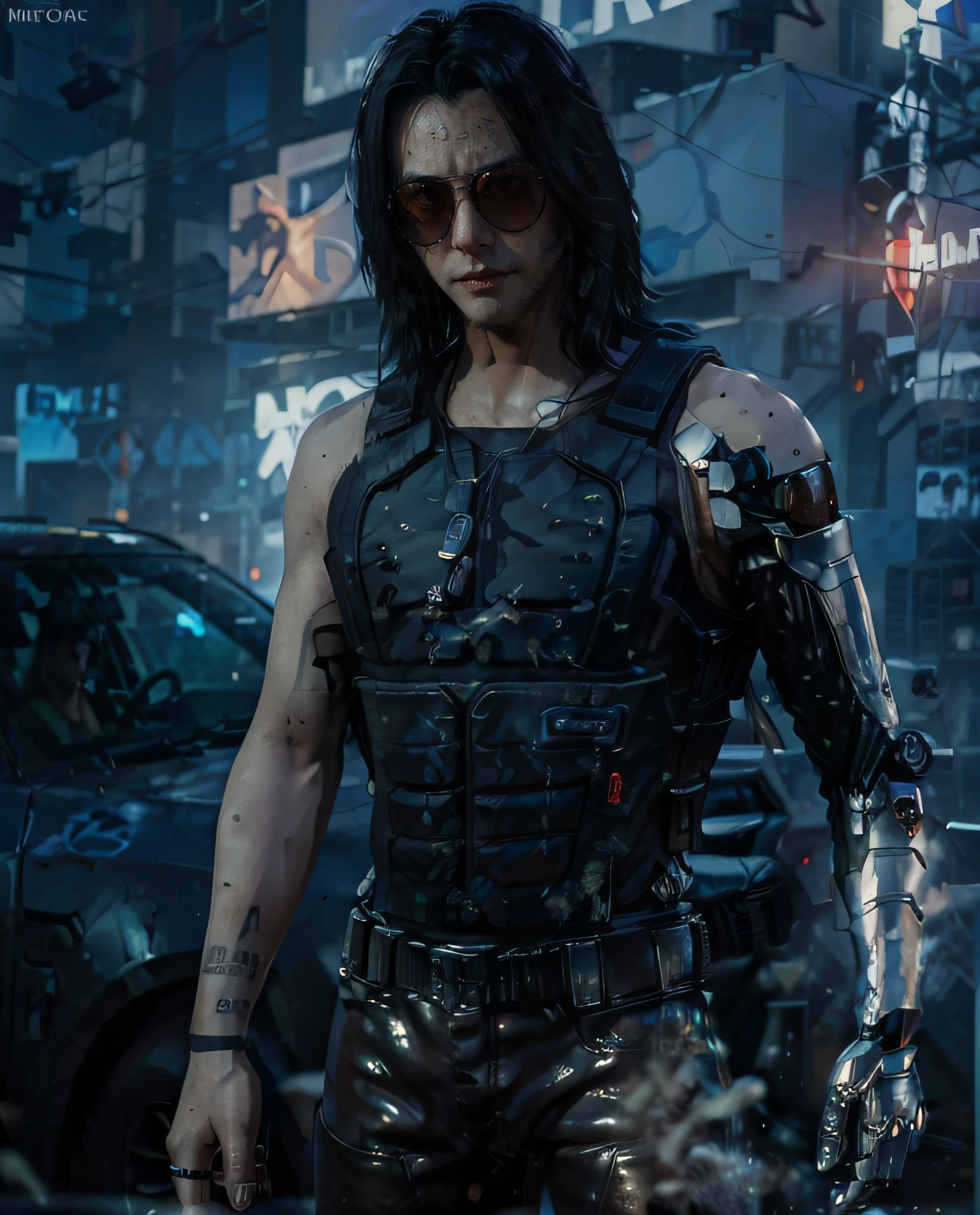 1man, Sunglasses, (JohnnySilver), (Best Quality, 8k, Masterpiece: 1.3), perfect hands, Clear Focus: 1.2, (black long hair), standing, dynamic pose, in a futuristic city illuminated by neon lights, cyberpunk