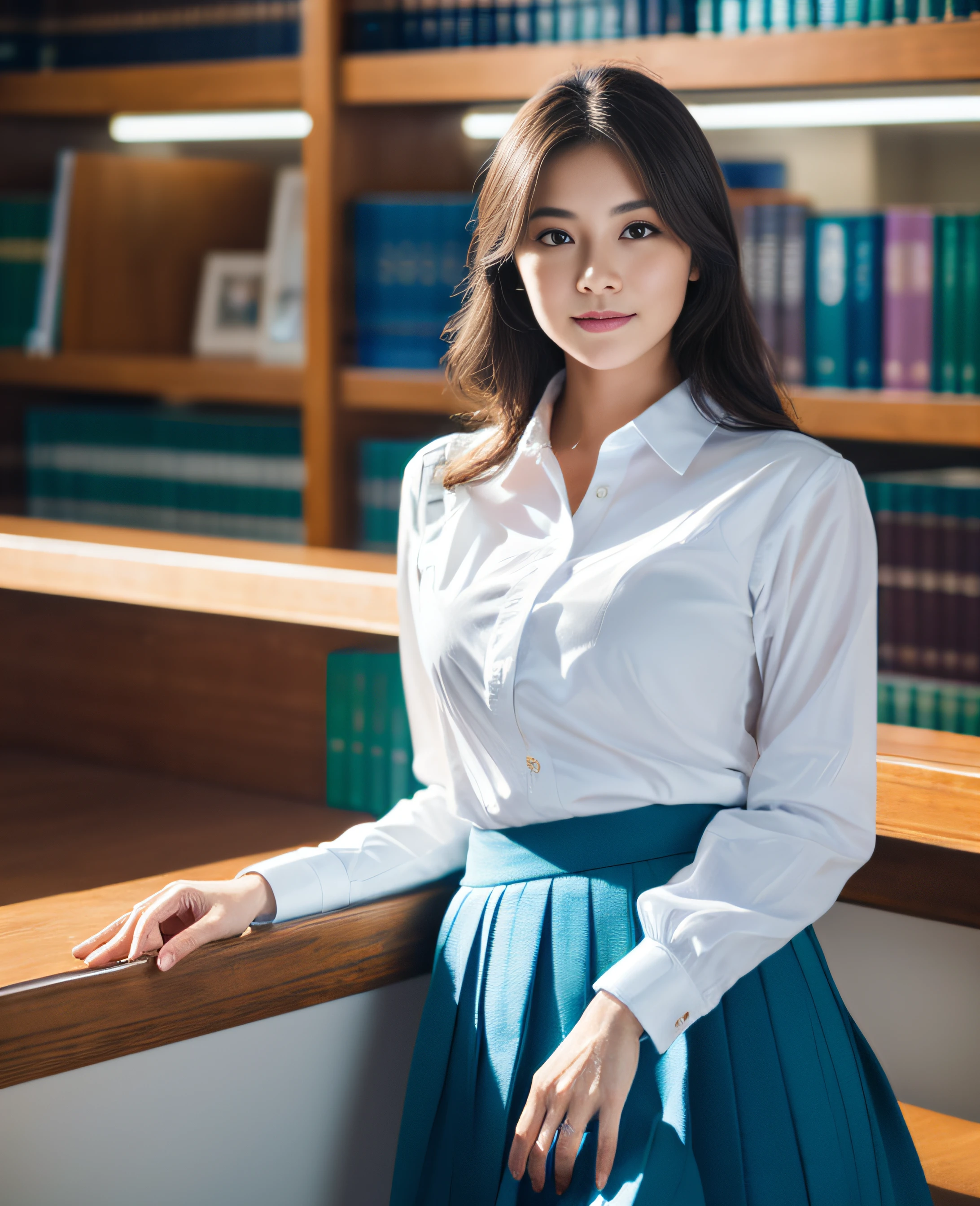 Masterpiece, Top Quality, Ultra High Resolution, (Photorealistic: 1.4), Beautiful Lighting, RAW Photo, 8k UHD, Super Detailed Face, Beautiful Woman, ((wears white shirt) and long blue pleated skirt)), Library , long shot, indoor,