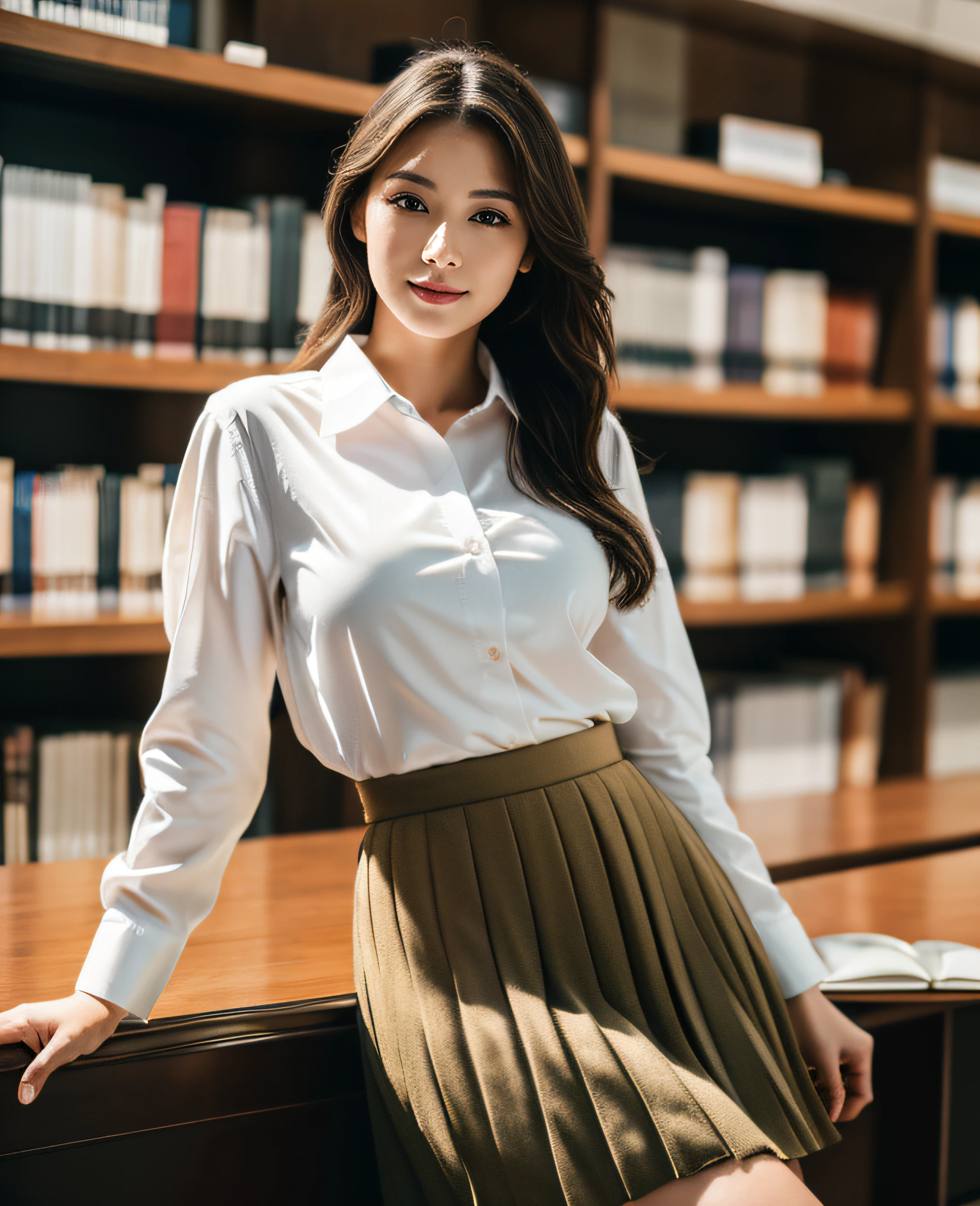 Masterpiece, Top Quality, Ultra High Resolution, (Photorealistic: 1.4), Beautiful Lighting, RAW Photo, 8k UHD, Super Detailed Face, Beautiful Woman, ((wears white shirt) and long black pleated skirt)), Library , long shot, indoor,
