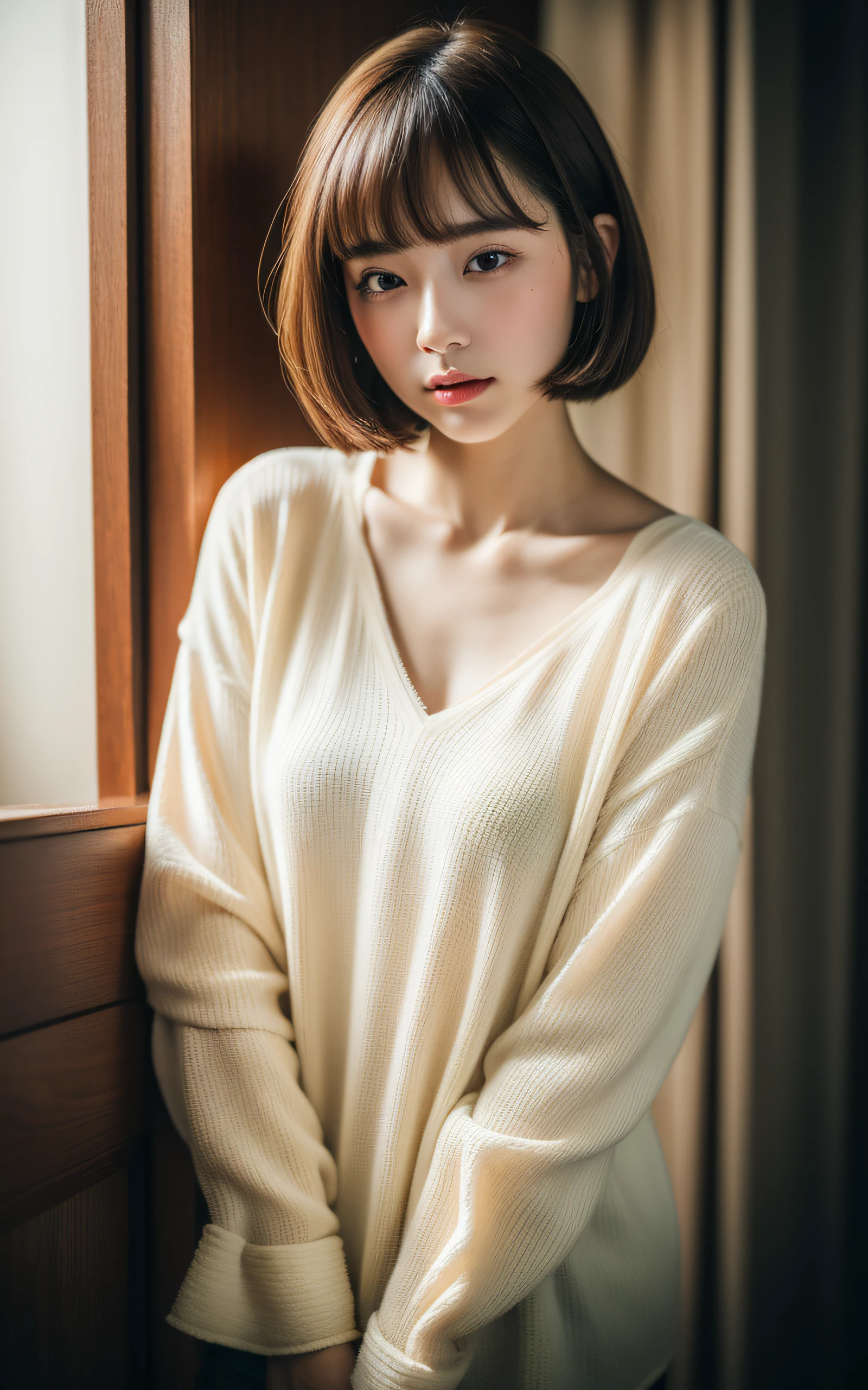 (Masterpiece:1.3), (8k, Photorealistic, RAW Photography, Best Quality: 1.4), soft light, professional lighting, 1girl, very beautiful girl, neat and clean beauty, shy, serious, Brown very short hair, bangs, blouse