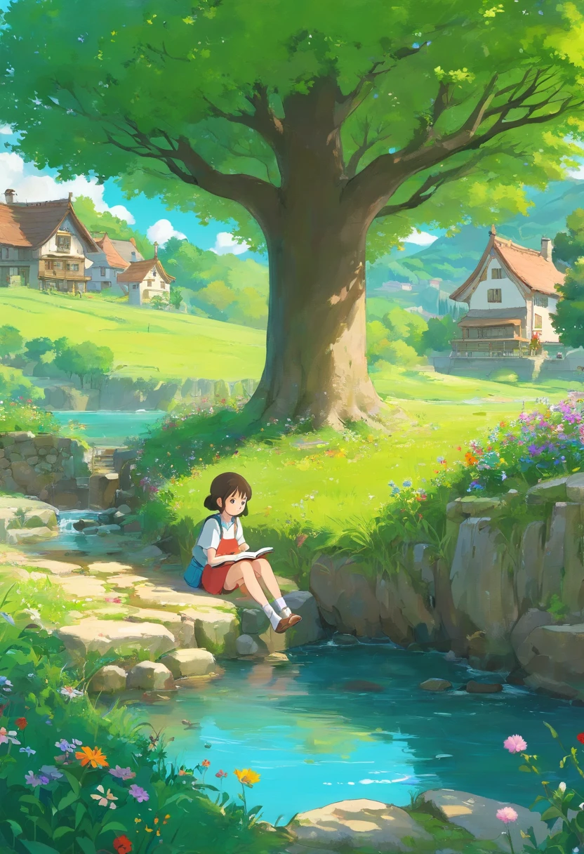  girl, Sit under a big tree and read a book, Small stream next to it, wildflowers.There are houses in the distance