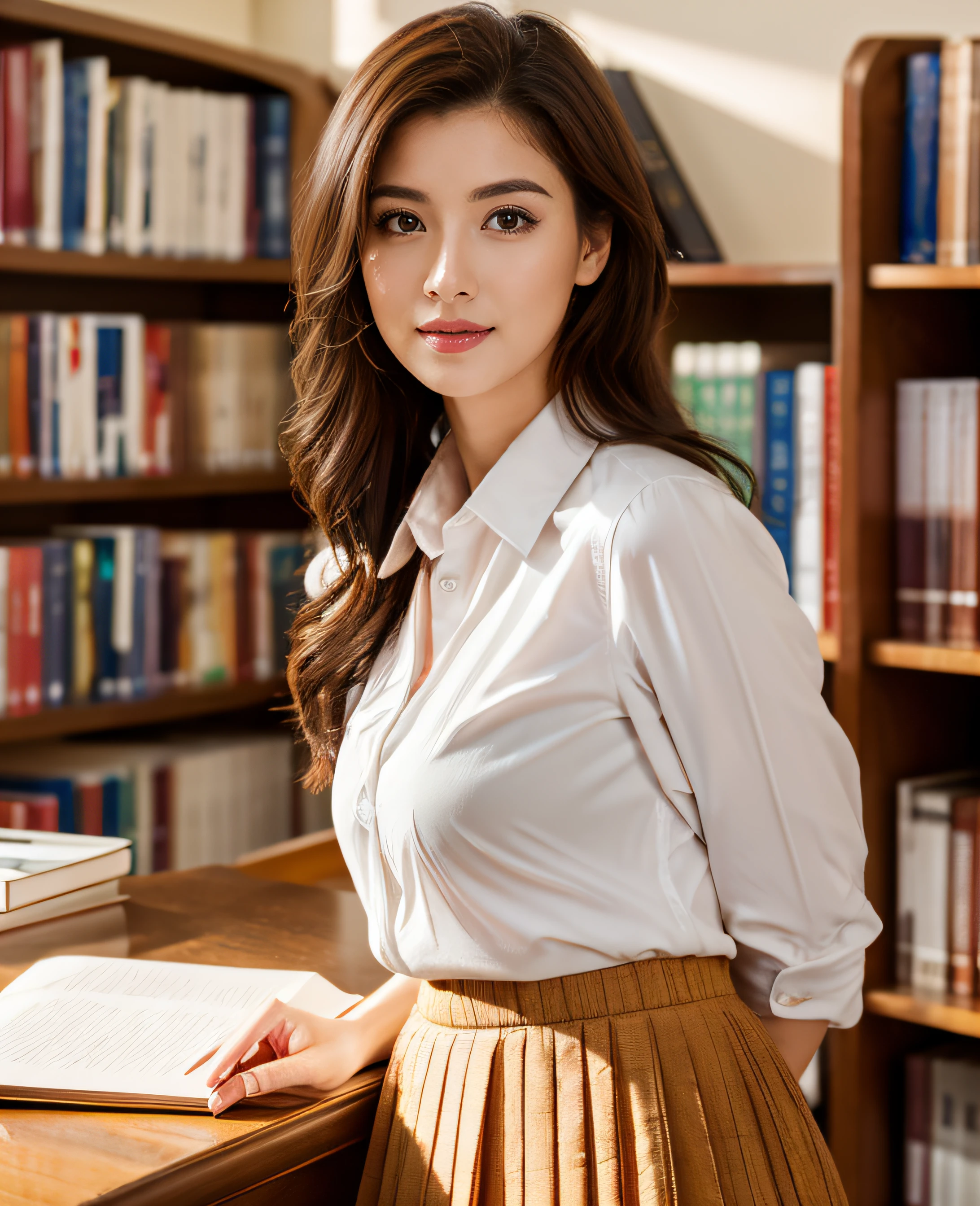 Masterpiece, Top Quality, Ultra High Resolution, (Photorealistic: 1.4), Beautiful Lighting, RAW Photo, 8k UHD, Super Detailed Face, Beautiful Woman, ((wears white shirt) and long red pleated skirt)), Library , long shot, indoor,