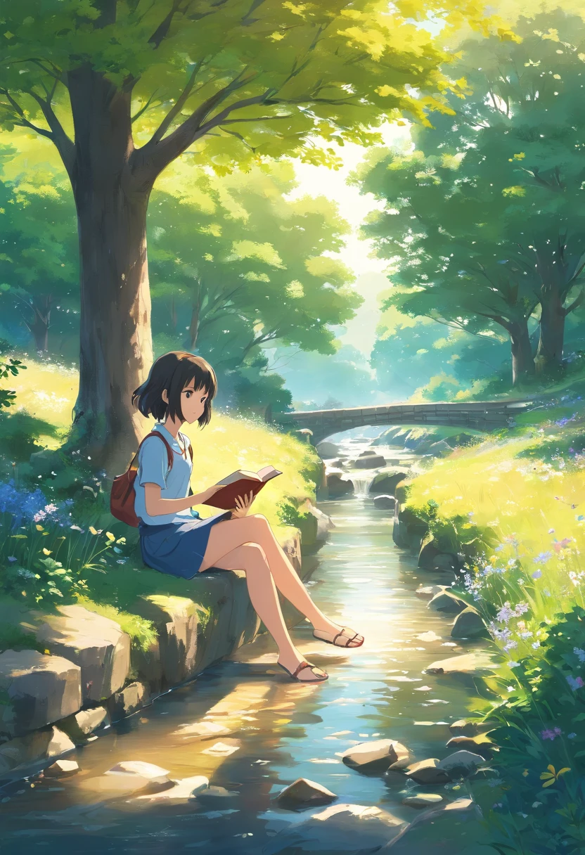 10 years old girl, Sit under a big tree and read a book, Small stream next to it, wildflowers.There are houses in the distance