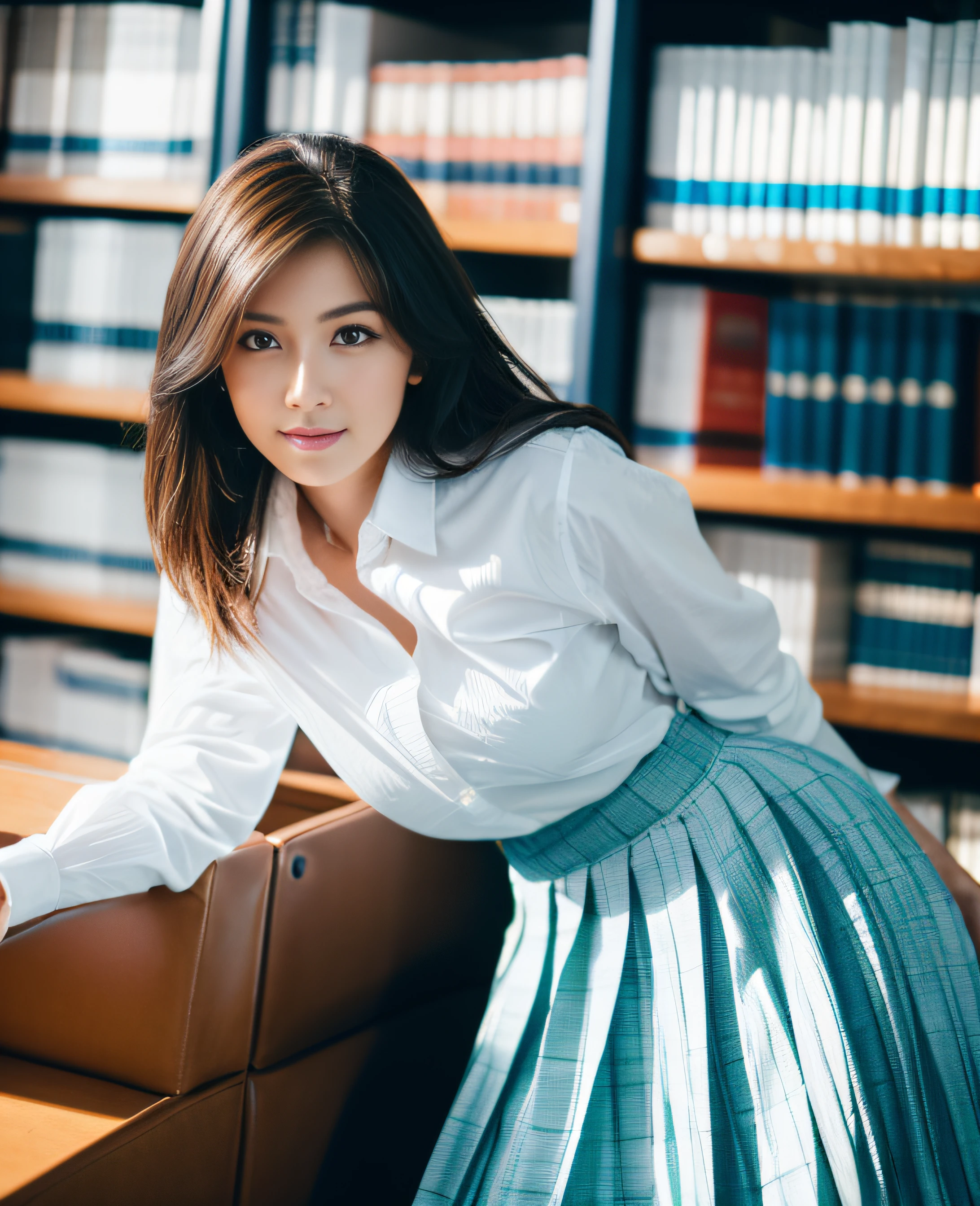 Masterpiece, highest quality, super high resolution, (Photorealistic: 1.4), beautiful lighting, RAW photo, 8k UHD, super detailed face, beautiful woman, ((wearing white shirt) and blue black pleated skirt)), library, waist shot, indoor,