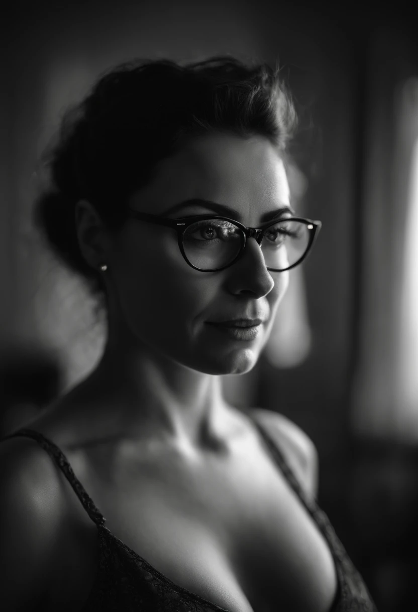 there is a woman with glasses posing for a picture, close up half body shot, cleavage, wearing a low cut tanktop, tiny black bra, upper body close up, big breasts, upper body shot, breasts uncovered,