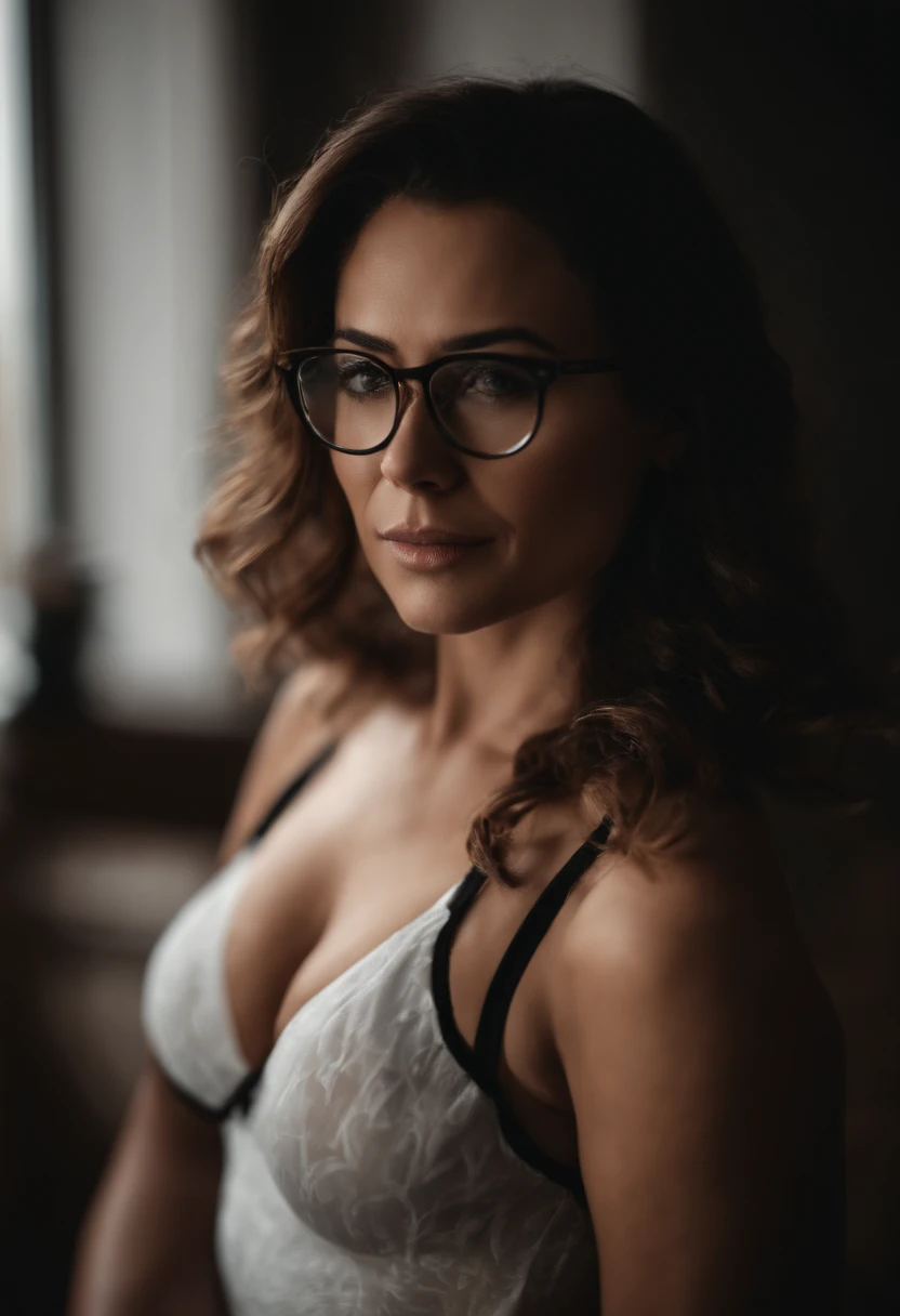 there is a woman with glasses posing for a picture, close up half body shot, cleavage, wearing a low cut tanktop, tiny black bra, upper body close up, big breasts, upper body shot, breasts uncovered,