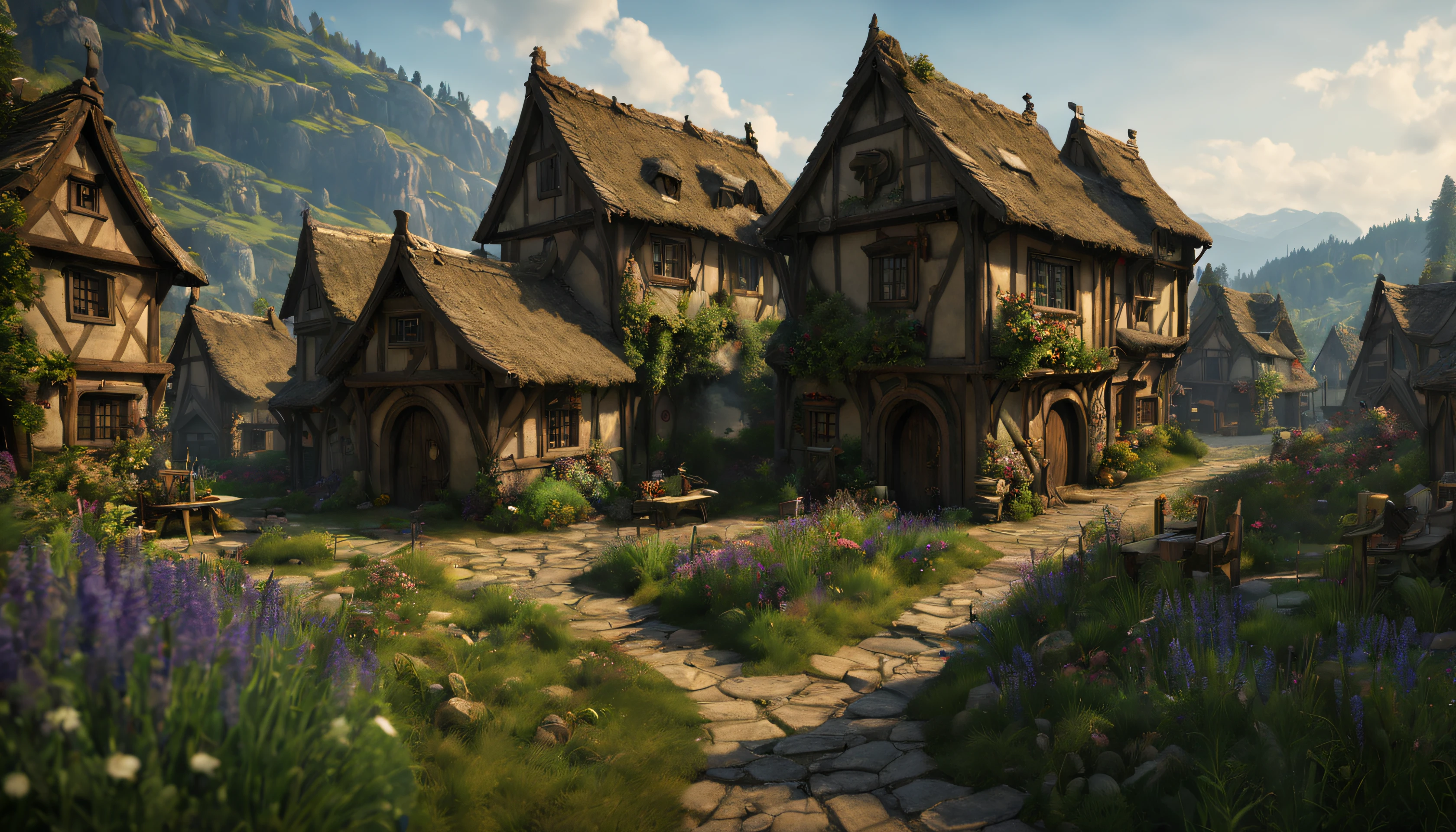 ((masterpiece, hyper realistic,32k,extremely detailed CG unity 8k, best quality, realistic face, solo, canon50, photorealistic, concept art, intricate details, highly detailed, octane render, unreal engine, fantastic-art)) Landscape, (medieval dwarven village in background:1.2), village on the meadow, lavender flowers growing on the meadow, (small village:1.5), mountains in the distance, Sally Mann, HDR, (masterpiece:1.3), at the steampunk world fair, village, analog, caves, (masterpiece:1.2), athletic face, blue butterfly, sky, Vincent Callebaut, (low key), artstation, film grainy, representational, Depth of Field, (Antonio Moro), color, soft lighting, side view:1, by Greg Rutkowski, ((medieval village:1.5)), ((meadow:1.5), vikingpunkai village:0.2, (majestic mountain:1.5), ((flowers:1.5)) ((dawn:2)), fire light through the window