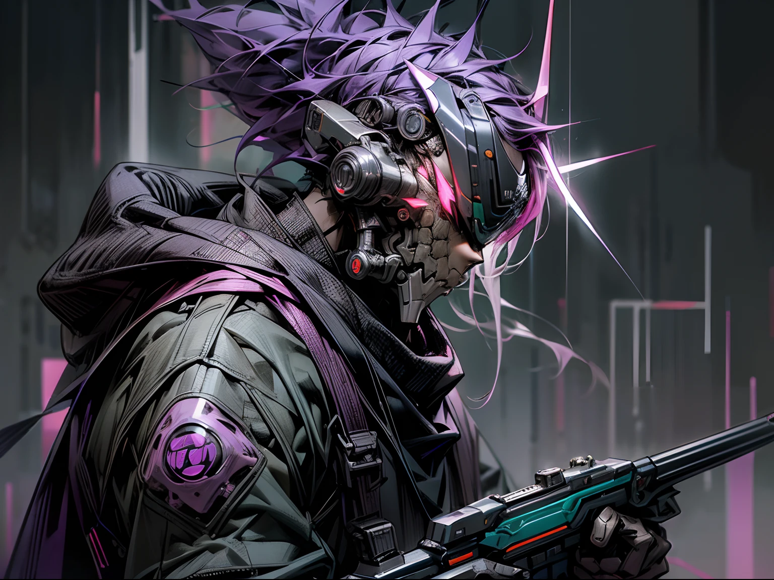cyberpunked、neon light、Whole body mechanics、Awesome Assassin、Full Metal Mask、Killing Machine、In search of a place to die、deadpan、male people、Purple tone、​masterpiece、top-quality、Super beautiful、Lone Warrior、Equip your weapon