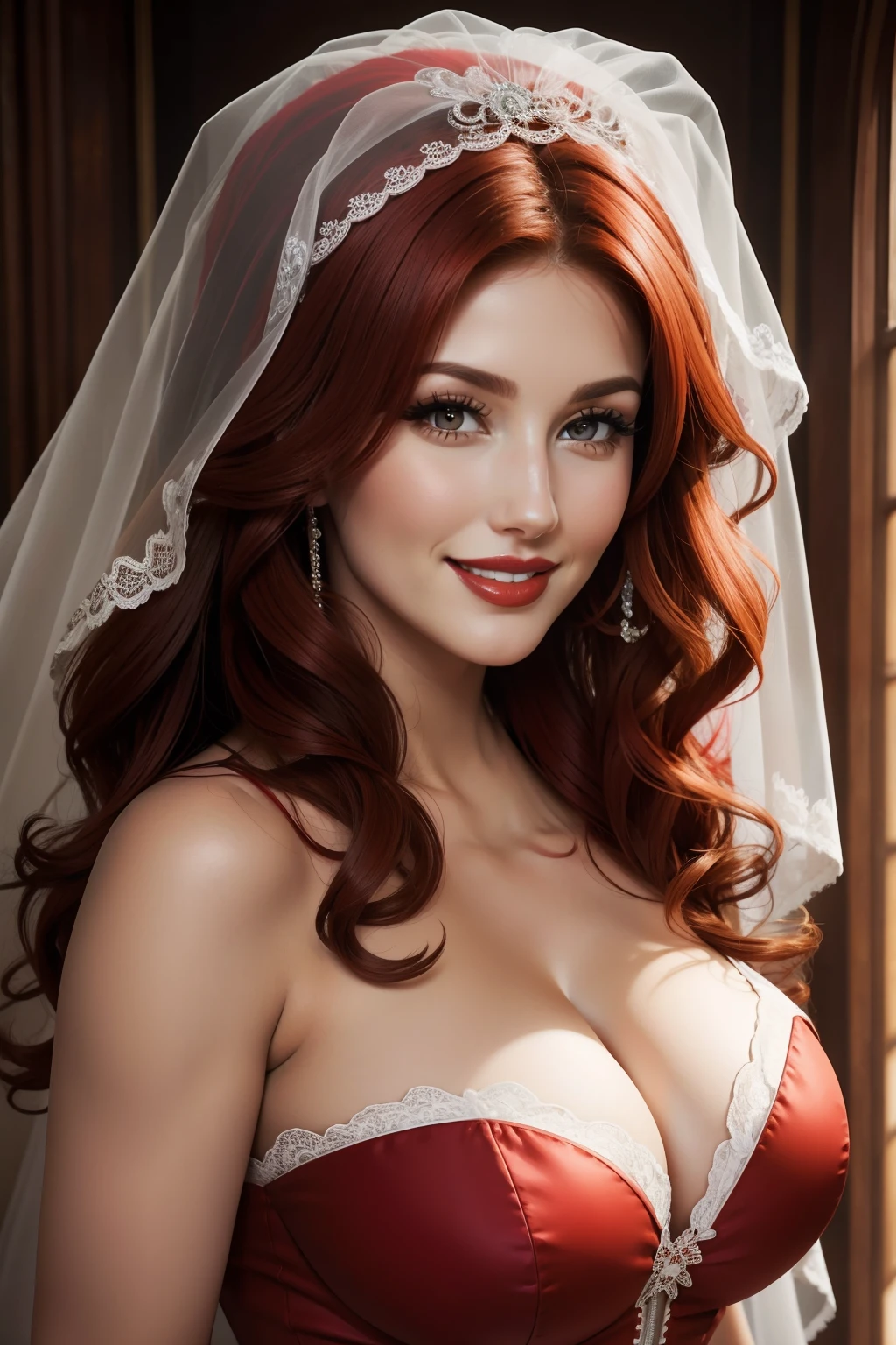 lucy pinder, face portrait, curly hair, red hair, red lipstick, smiling, bride, sexy