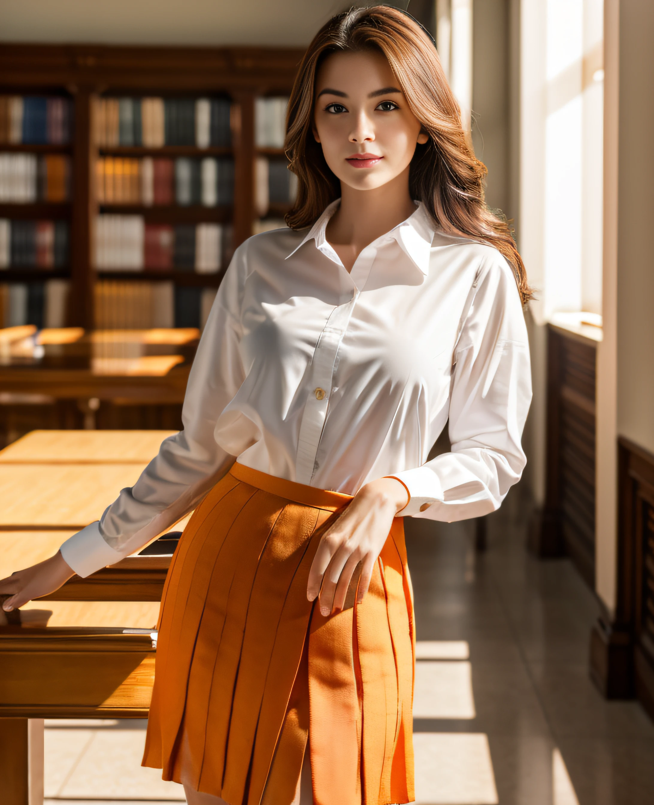 Masterpiece, highest quality, super high resolution, (Photorealistic: 1.4), beautiful lighting, RAW photo, 8k UHD, super detailed face, beautiful woman, ((wearing white shirt) and orange pleated skirt)), library, waist shot, indoor,