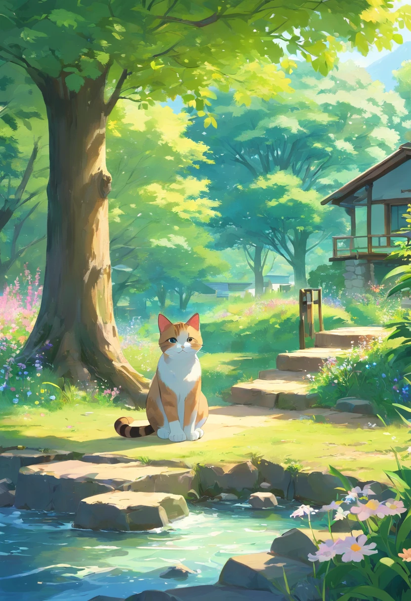 A round-eyed cute cat, Sit under a big tree and read a book, Small stream next to it, wildflowers.There are houses in the distance