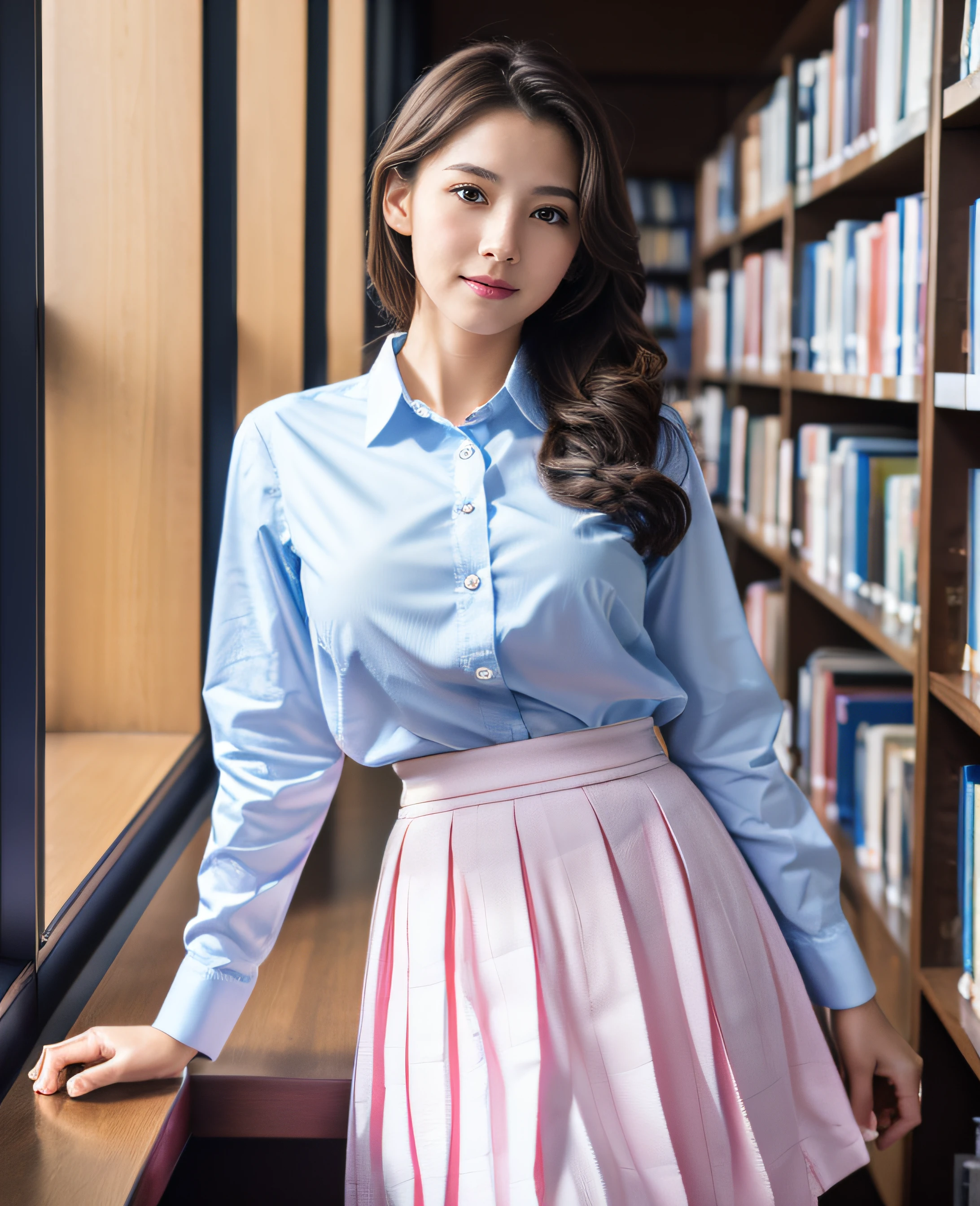 masterpiece, top-quality, 超A high resolution, (Photorealsitic:1.4), beautiful lighting, RAW Photography, 8k UHD, Super detailed face, Realistic lightning, beautiful a girl, Sweet girl, ((Wearing a navy blue shirt and a long pleated skirt)), atlibrary, longshot, full of shyness, Hide your face behind a book, Indoors,small tits、tiny chest、Slimed、A slender