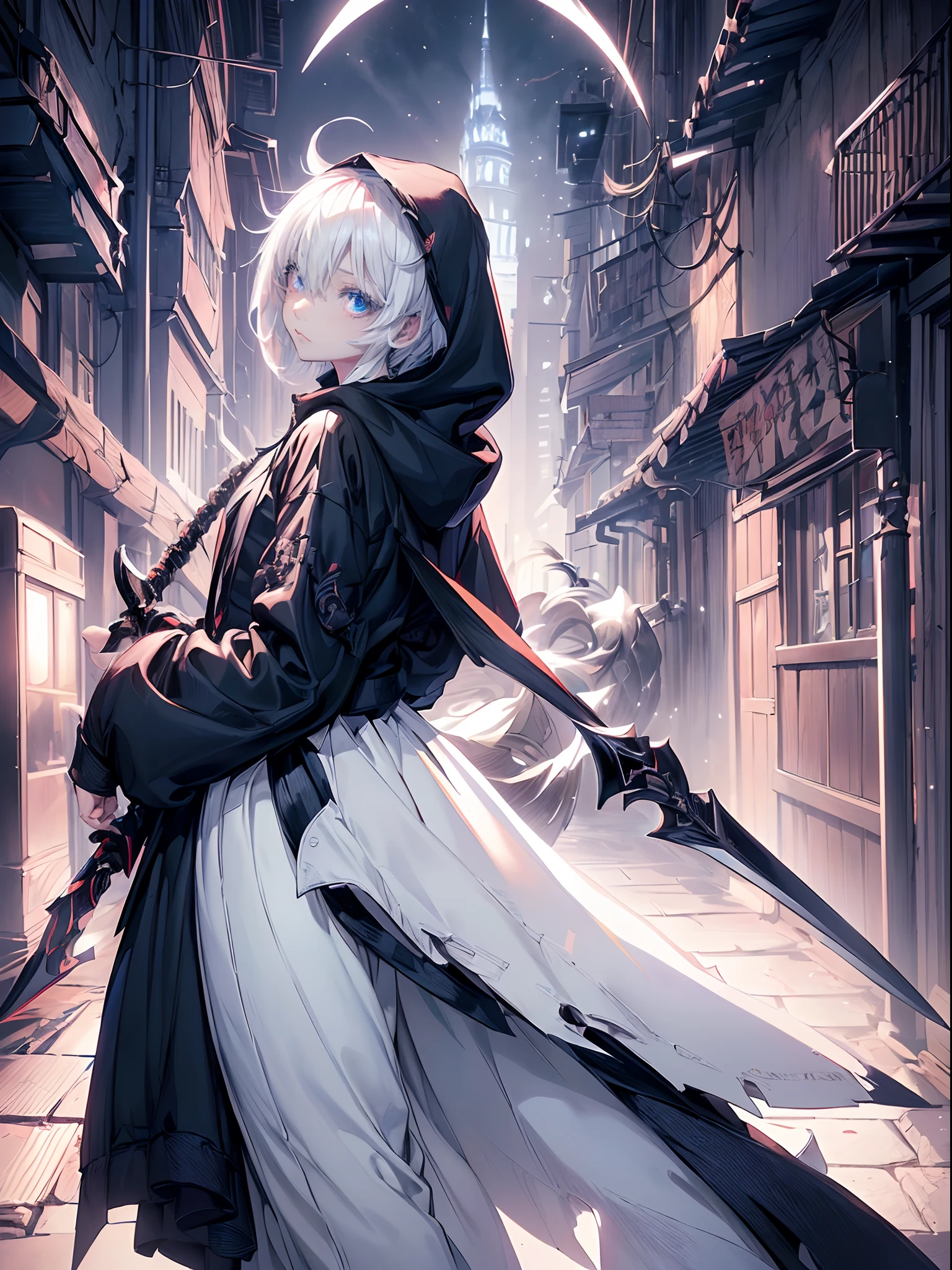 ((4K works))、​masterpiece、(top-quality)、One Beautiful Girl、Slim body、tall、((Black Y-shirt and white pants、Charming street style))、Please wear one jacket、Wearing a hood to hide his face、(Detailed beautiful eyes)、Midnight Combat、In battle with demons、((Dark back alley at midnight))、saddened、suffocating、desolate、((Pitch-black tunnel))、((Face similar to Carly Rae Jepsen))、((Short-haired white hair))、((Smaller face))、((Neutral face))、((Bright blue eyes))、((American adult women))、((Adult female 26 years old))、((cool lady))、((Like a celebrity))、((Korean Makeup))、((elongated and sharp eyes))、((angry expressions))、((In battle with a sword))、((boyish))、Professional Photos、((Shot alone))、((He is in battle))、((He is in front of the viewer))、((Shot so that the back of the head and back are visible))、((shot from a side angle))、((He's looking forward.、I can't see my face))、((He is fighting in a distant place))、horor、Photos of sadness