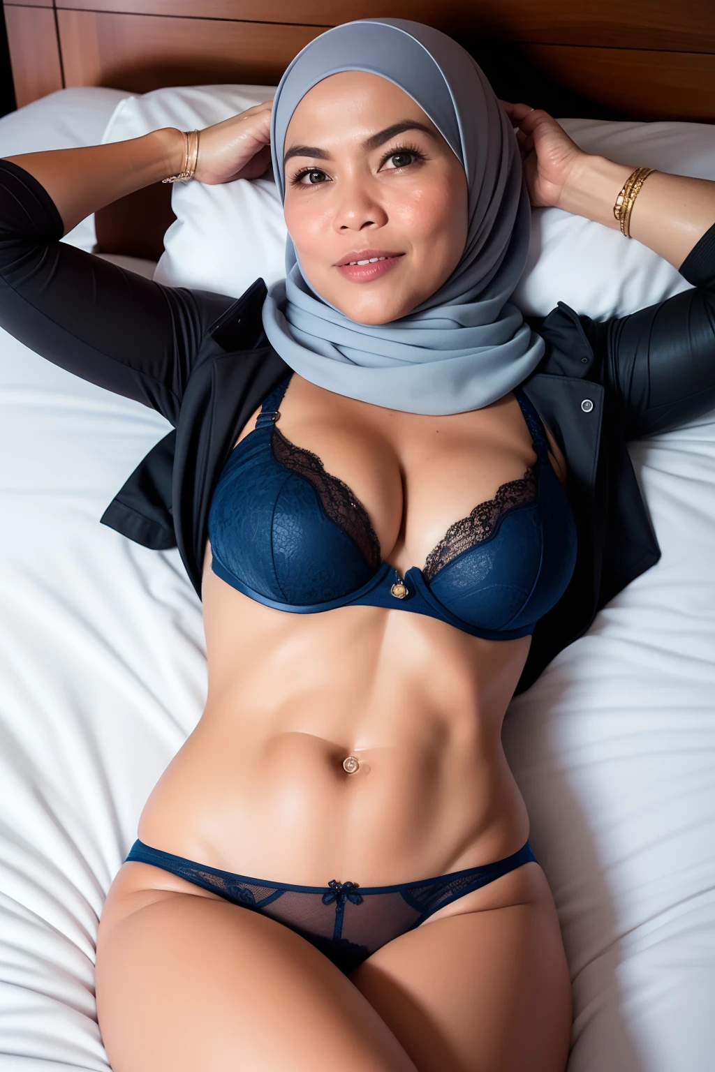 Mature Malay woman in hijab wears red lace bra and panties sleeping in bed portrait photography, Lying naked in bed, Photo prise de vue moyenne, Ultra Detail, Professional Photography with Professional Lighting, sourire, Lit bleu clair, chambre, Sexy Seductive Sleep Pose, mince,