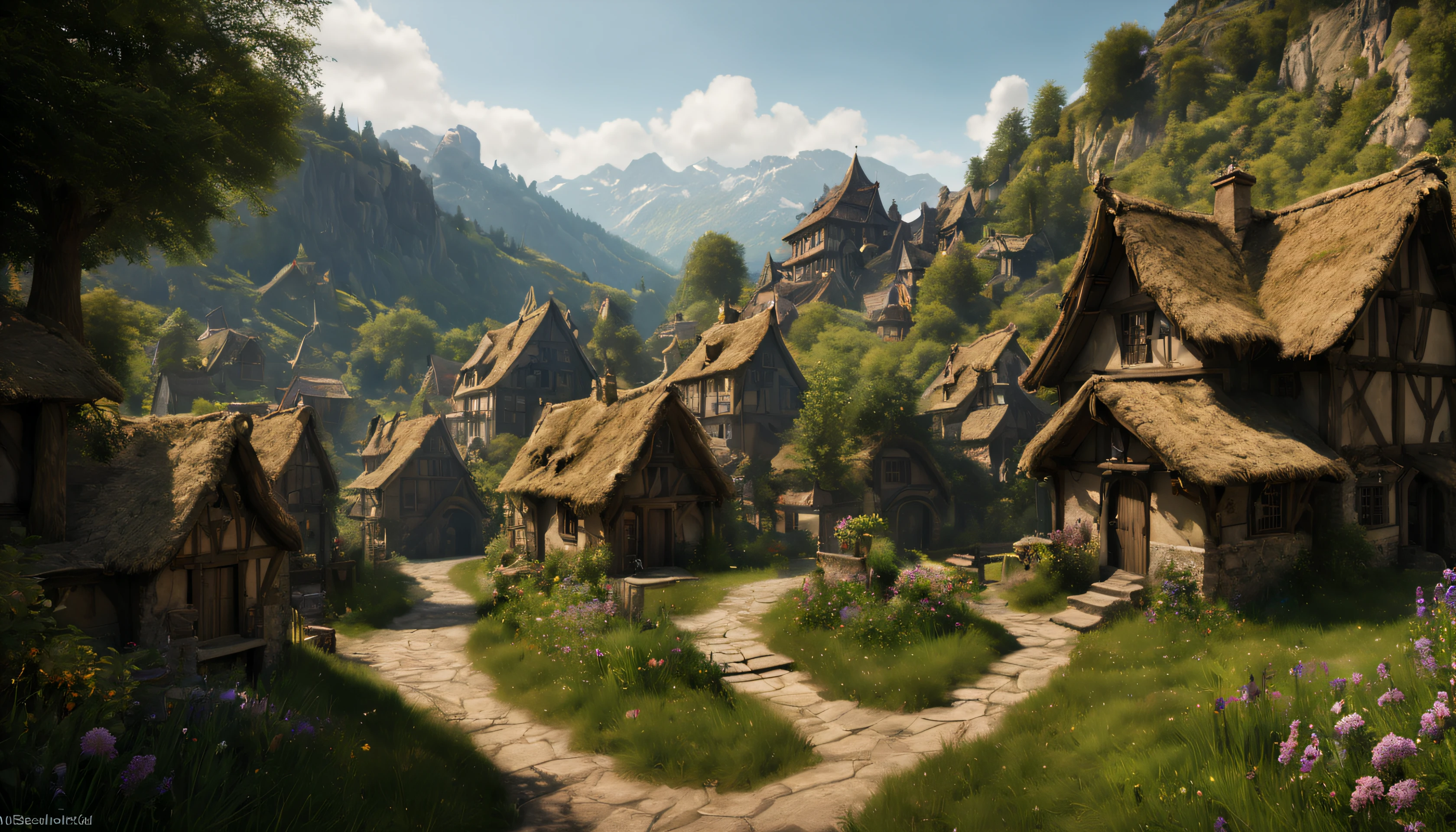 ((masterpiece, hyper realistic,32k,extremely detailed CG unity 8k, best quality, realistic face, solo, canon50, photorealistic, concept art, intricate details, highly detailed, octane render, unreal engine, fantastic-art)) Landscape, (medieval dwarven village in background:1.2), village on the meadow, lavender flowers growing on the meadow, (small village:1.5), mountains in the distance, Sally Mann, HDR, (masterpiece:1.3), at the steampunk world fair, village, analog, caves, (masterpiece:1.2), athletic face, blue butterfly, sky, Vincent Callebaut, (low key), artstation, film grainy, representational, Depth of Field, (Antonio Moro), color, soft lighting, side view:1, by Greg Rutkowski, ((medieval village:1.5)), ((meadow:1.5), vikingpunkai village:0.2, (majestic mountain:1.5), ((flowers:1.5)) ((dawn:2)), fire light through the window