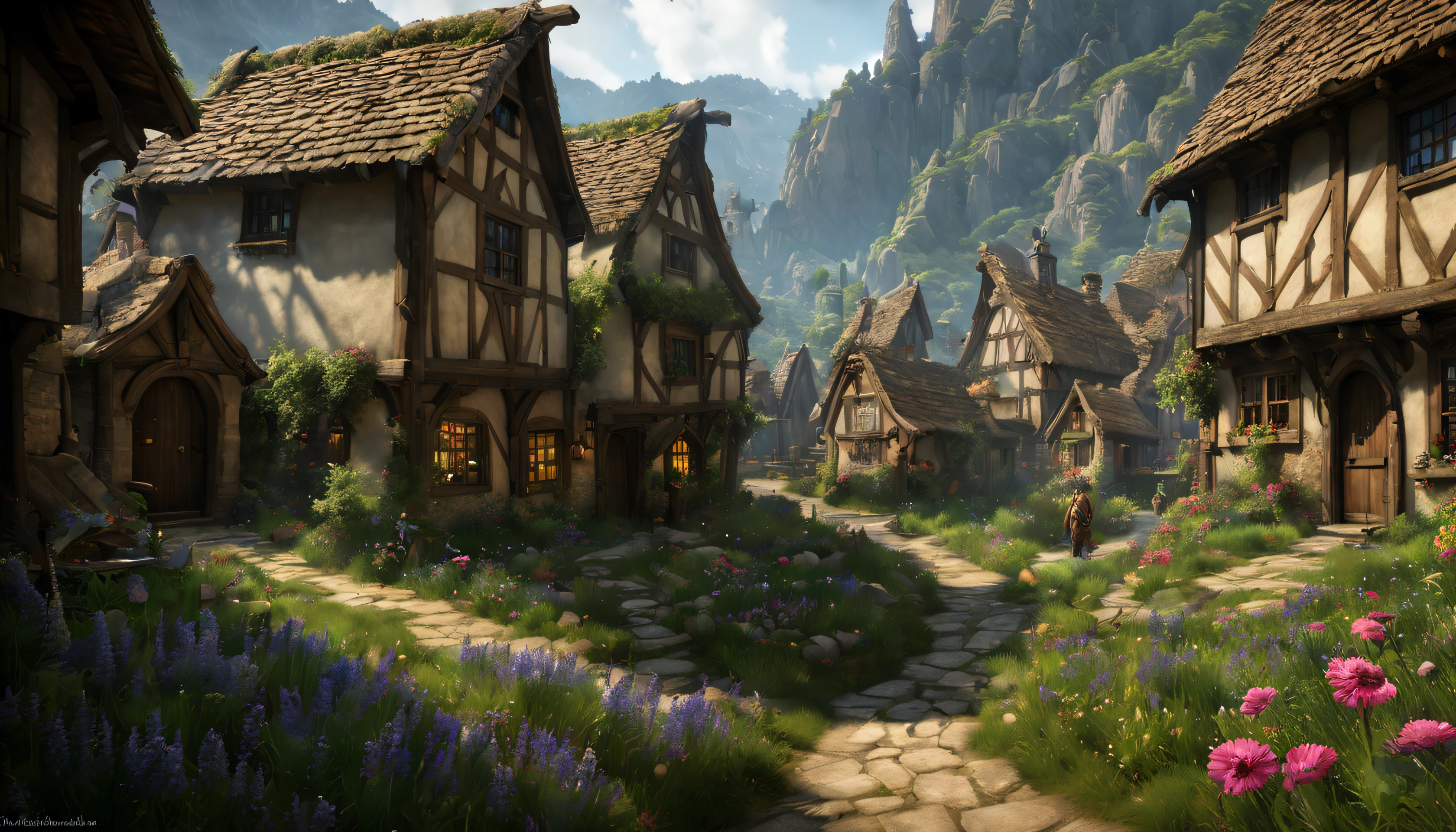 ((masterpiece, hyper realistic,32k,extremely detailed CG unity 8k, best quality, realistic face, solo, canon50, photorealistic, concept art, intricate details, highly detailed, octane render, unreal engine, fantastic-art)) Landscape, (medieval dwarven village in background:1.2), village on the meadow, lavender flowers growing on the meadow, (small village:1.5), mountains in the distance, Sally Mann, HDR, (masterpiece:1.3), at the steampunk world fair, village, analog, caves, (masterpiece:1.2), athletic face, blue butterfly, sky, Vincent Callebaut, (low key), artstation, film grainy, representational, Depth of Field, (Antonio Moro), color, soft lighting, side view:1, by Greg Rutkowski, ((medieval village:1.5)), ((meadow:1.5), vikingpunkai village:0.2, (majestic mountain:1.5), ((flowers:1.5)) ((dawn:2)), fire light through the window