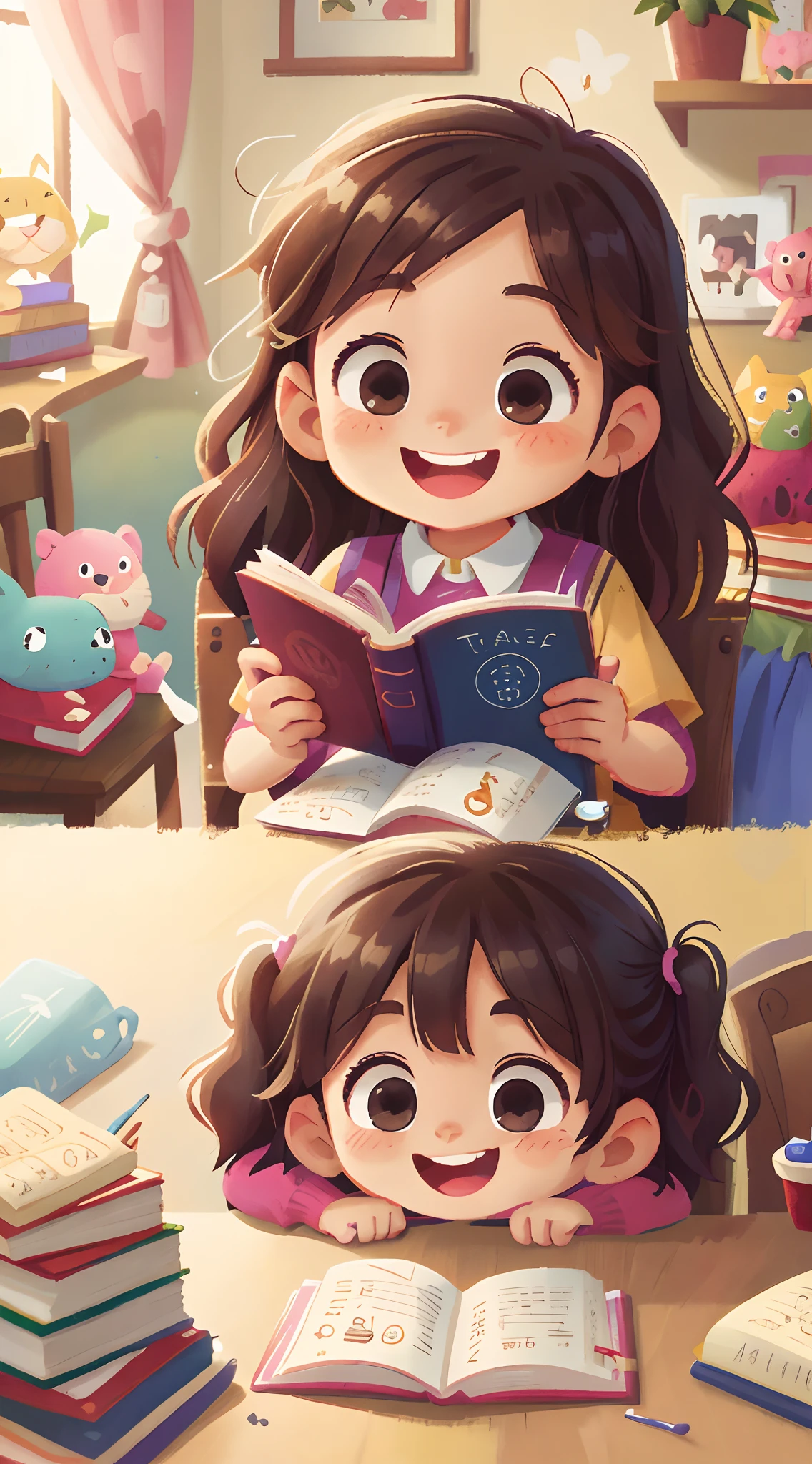(tmasterpiece,best qualtiy,ultra - detailed),(high detal、Hyper-detailing)A cute 8 year old girl reading a book,A smile of happiness and contentment,The background is indoors,There are a lot of books on the table