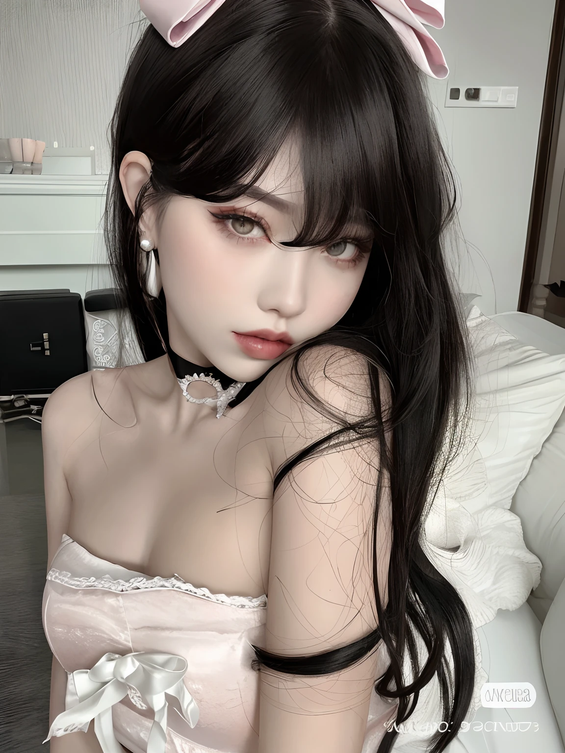 Hay una mujer con un lazo rosa en la cabeza, ulzzang, pale porcelain white skin, con cabello largo y ojos penetrantes, pale fair skin!!, Ella tiene el pelo negro con flequillo, cruel korean goth girl, whitebangsblackhair, cabello negro y ojos grandes, pale goth beauty, pale milky white porcelain skin, Cabello largo y negro con flequillo