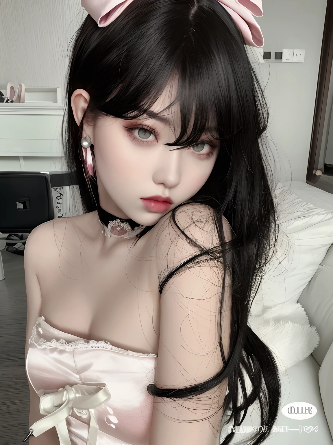 Hay una mujer con un lazo rosa en la cabeza, ulzzang, pale porcelain white skin, con cabello largo y ojos penetrantes, pale fair skin!!, Ella tiene el pelo negro con flequillo, cruel korean goth girl, whitebangsblackhair, cabello negro y ojos grandes, pale goth beauty, pale milky white porcelain skin, Cabello largo y negro con flequillo