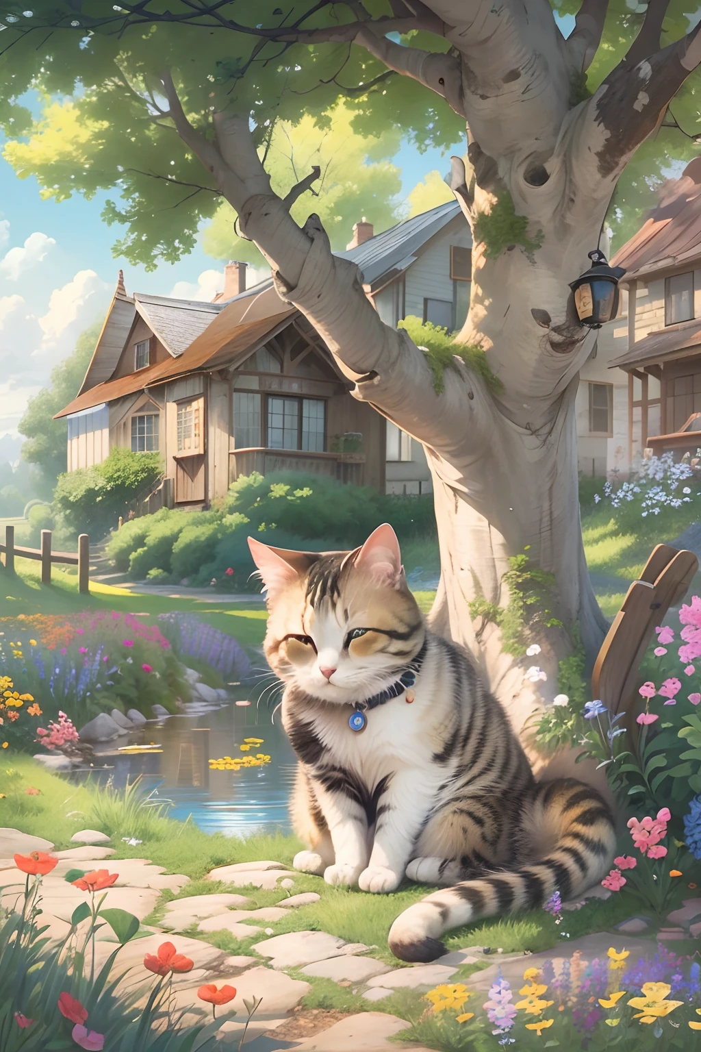 A round-eyed cute cat, Sit under a big tree and read a book, Small stream next to it, wildflowers.There are houses in the distance