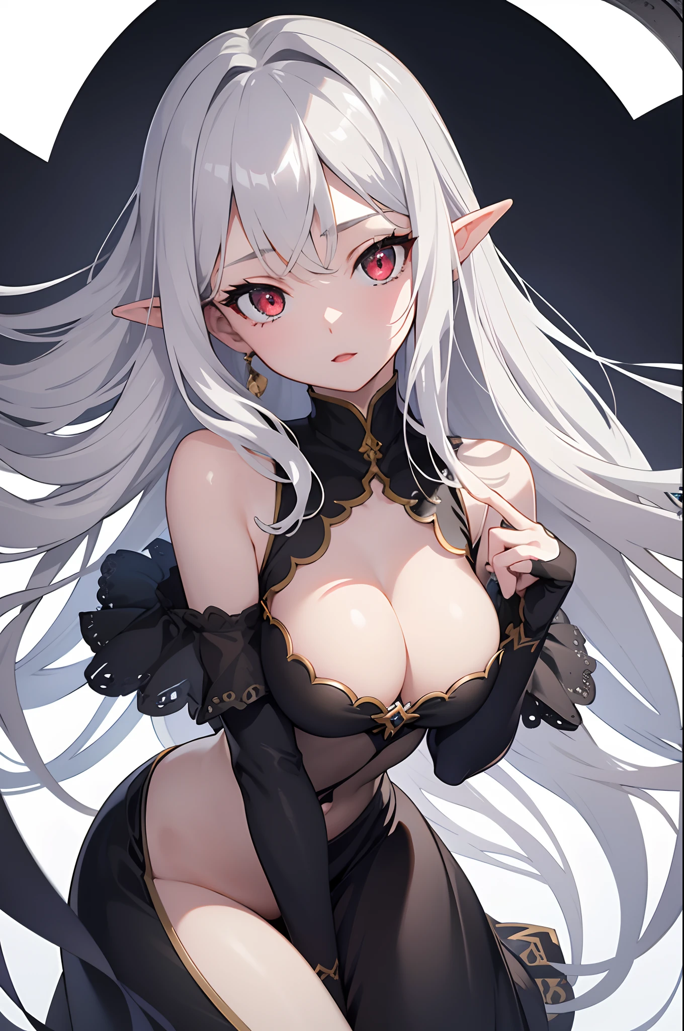 1girl, anime, cute girl, elf, blank background, white background, fantasy, detailed dark fantasy dress with highlights, beautiful face, beautiful eyes, dark colors, medium breasts, slight cleavage, beautiful skin, cute, silver hair, red eyes, breast curtains, extremely delicate and beautiful, (beautiful detailed face:1.0), (detailed deep eyes), symmetrical breasts, deep eyes, shiny skin, portrait, slender waist, hips wider than shoulders, thighs, young girl