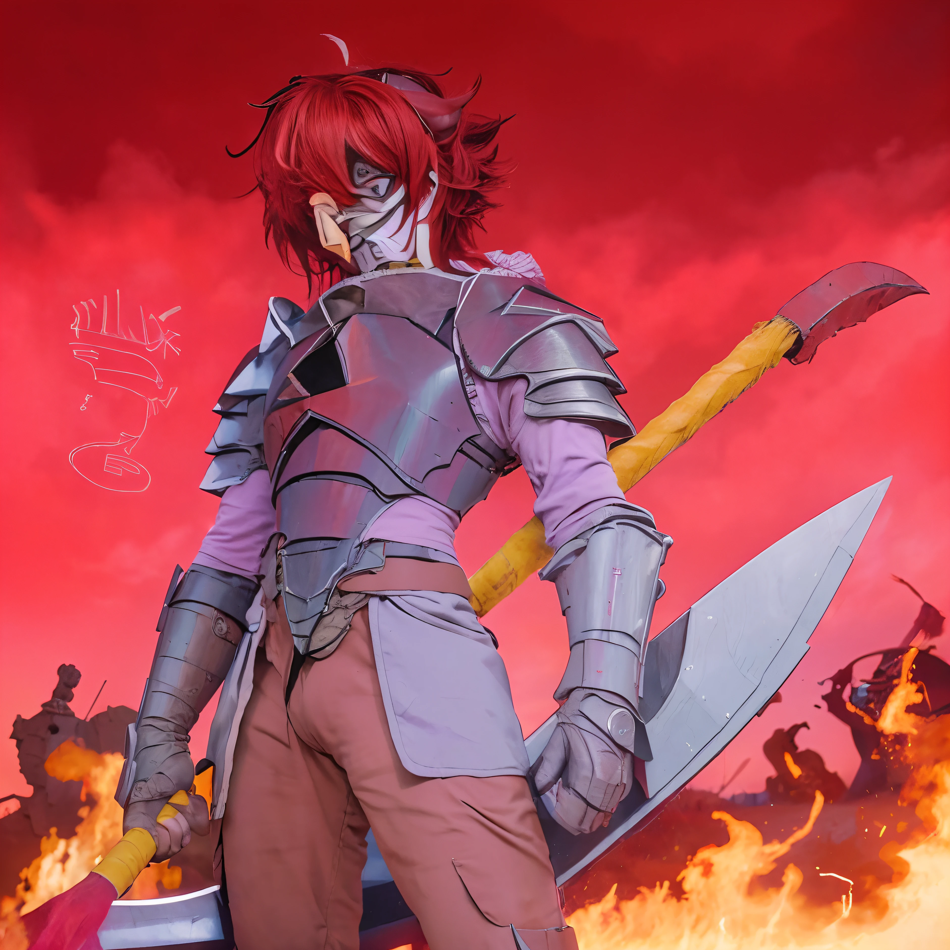um close de uma pessoa com uma espada e um fogo, um retrato de personagem inspirado em Tyler Jacobson, vencedor do concurso deviantart, arte peluda, Like a badass monster hunter, estilo varguyart, inspirado em Kris de Deltarrune, Draconic-looking armor, Demon Slayer rui fanart, oni, gurenne lagann, governante do inferno, em armadura de opala