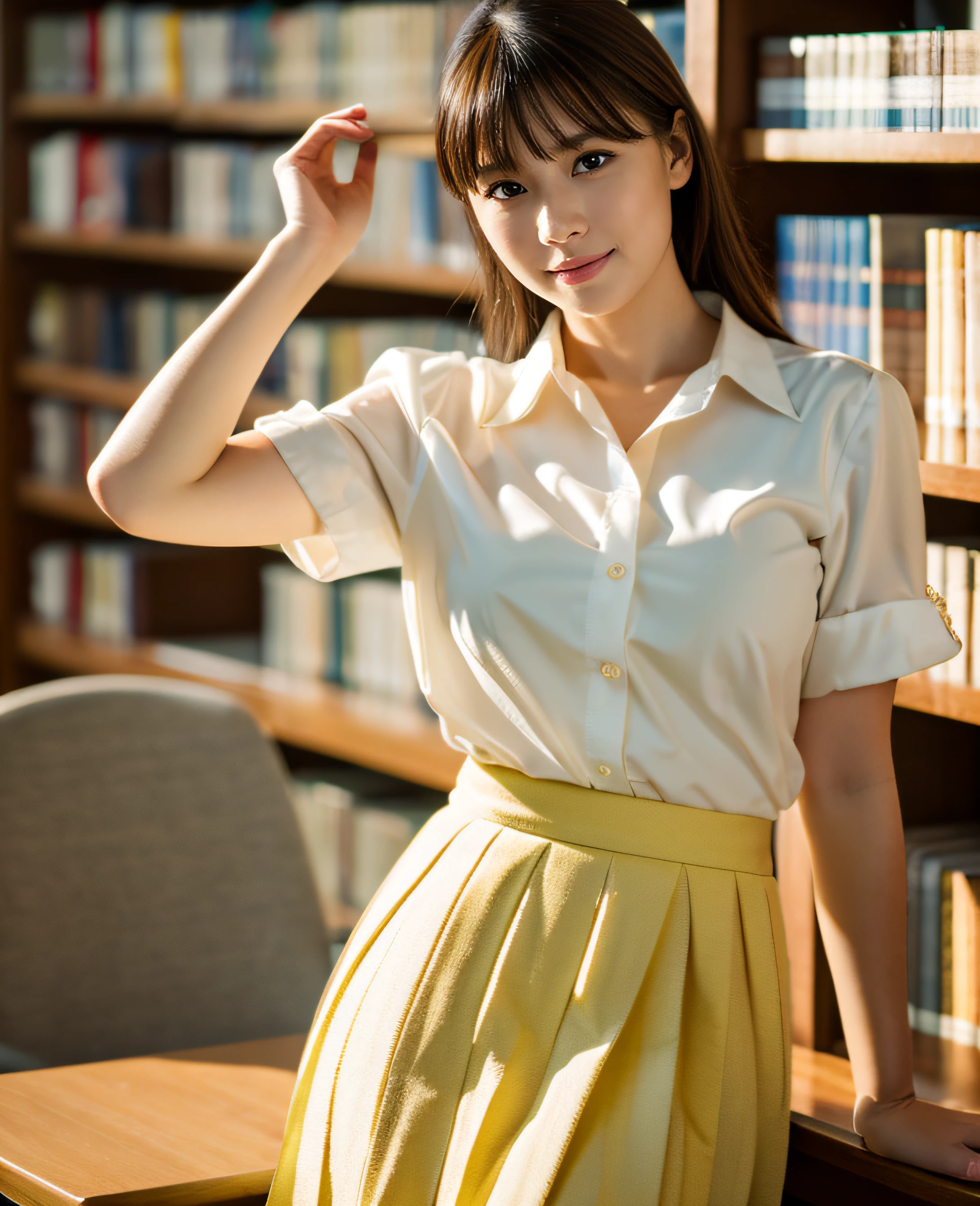 Masterpiece, Top Quality, Ultra High Resolution, (Photorealistic: 1.4), Beautiful Lighting, RAW Photo, 8k UHD, Super Detailed Face, Beautiful Woman, ((wears white shirt) and long dark yellow pleated skirt)), Library , long shot, indoor,