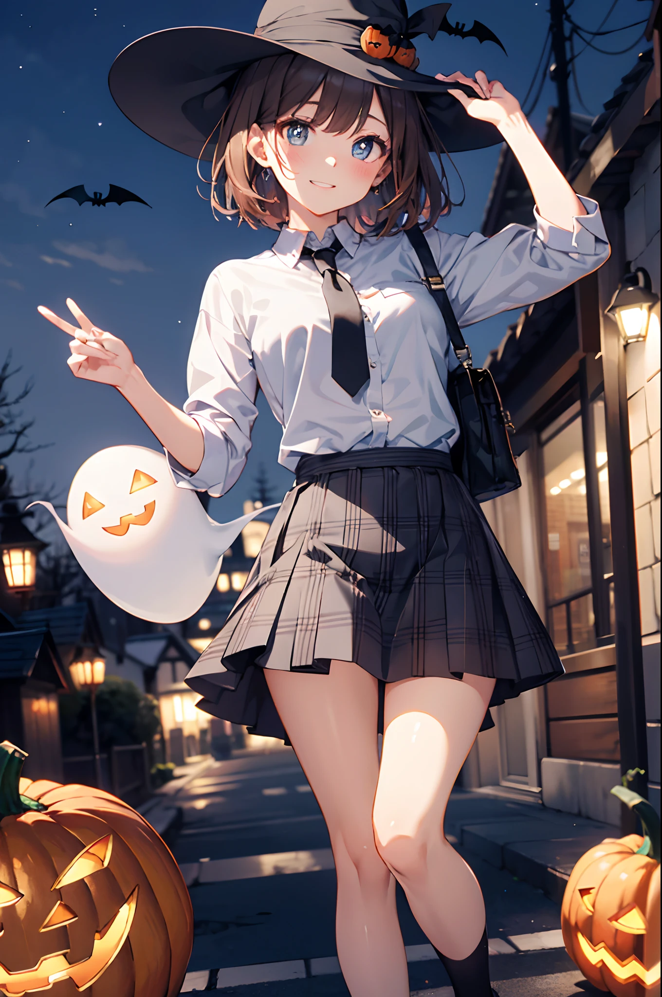 (top-quality、in 8K、32K、masterpiece、nffsw、超A high resolution、Impresionismo、Photorealsitic:1.2)、cowboy shot、foco nítido、detailed faces and eyes、(Tokyo at night、Halloween Decorations、The ghost is flying、Ghost pumpkin、Very colorful、Vivid Color:1.2)、Sharp pupils、Realistic pupils、beauitful face、blurry backround、18 year old beautiful girl、shinny skin、Bery short hair、Beautiful dark brown hair、Blunt bangs、Dark blue eyes、Wizard Hat、cloaks、Shirt、Halloween tie、Plaid miniskirt、Black socks、(Holding a skirt in your right hand、Lifting skirt:1.3)、(Left hand is a peace sign)、(Happy expression on face:1.2)、dynamicposes
