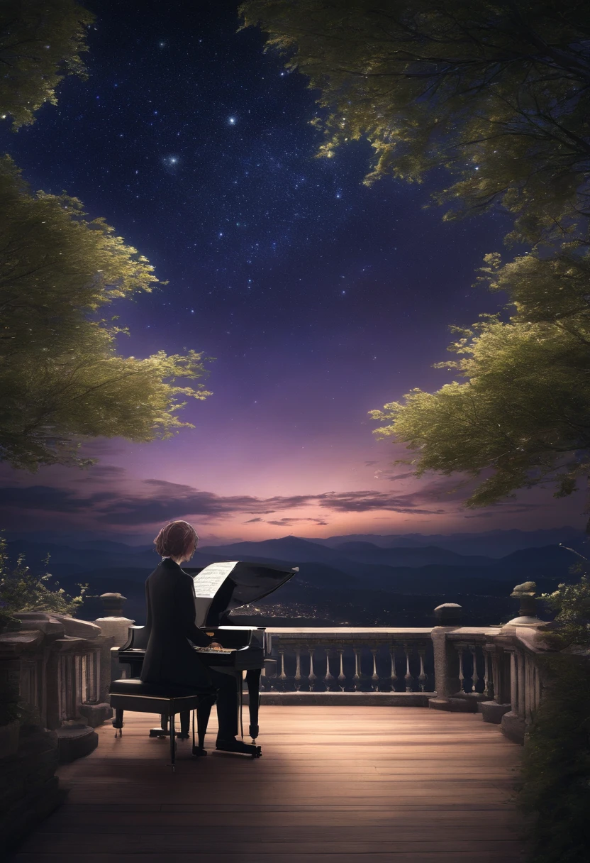 Vast sky,Star-filled sky,By Shinkai Makoto,a grand piano,Pulling Camera,view sky,constellation,Violet Evergarden