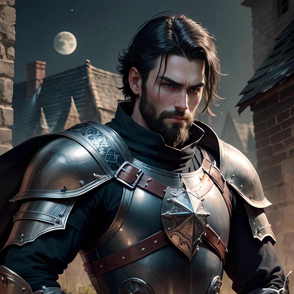 A knight in full gothic armor placing his fist against his chest, facial focus. Short black hair and short beard. RTX, detailed, highly detailed, realistic, photorealistic, .RAW, portrait, gothic, medieval. The moon in the background with outer space.