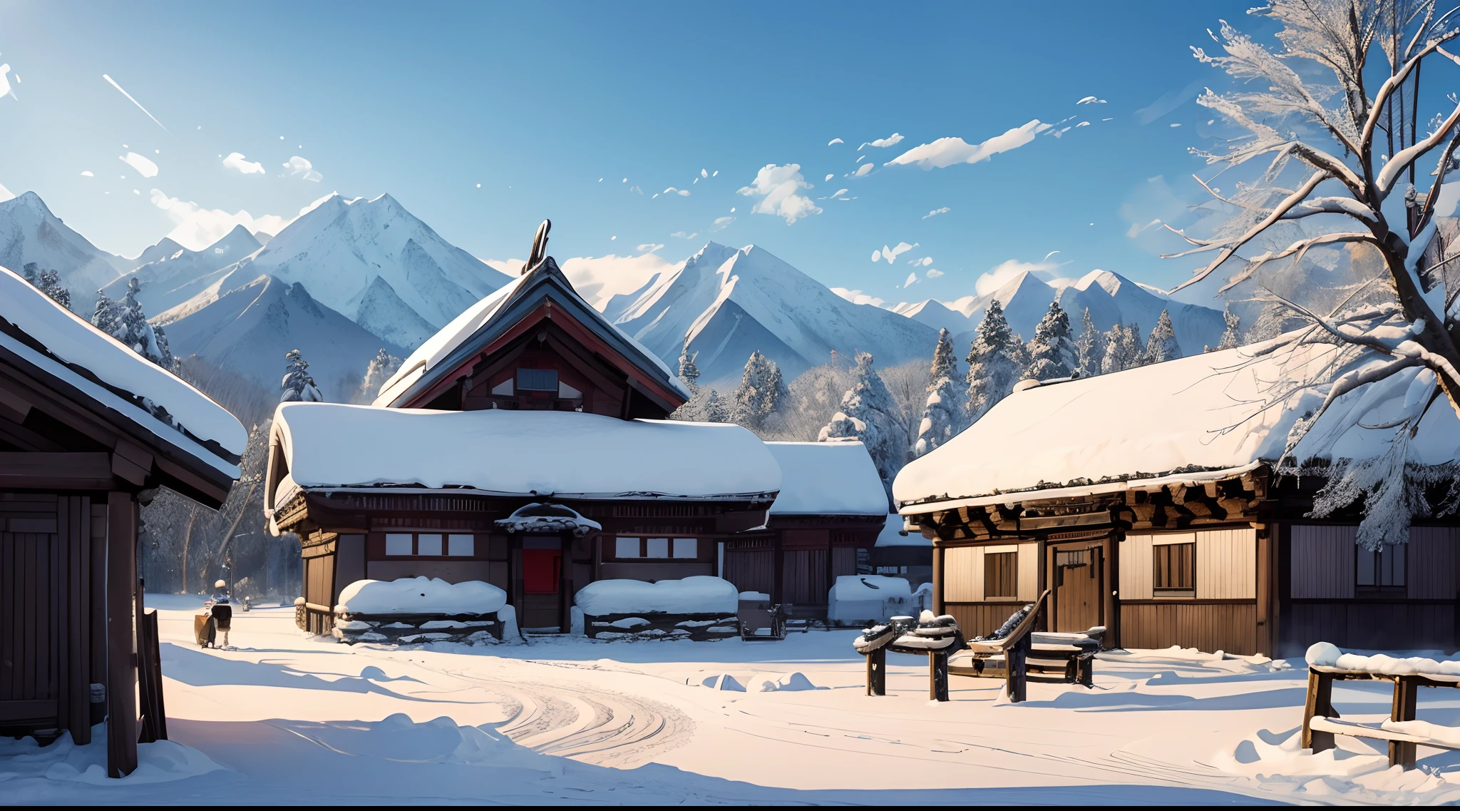 masterpiece, Highly detailed, super realistic, detailed background, bright Lighting, Daylight,
 4k, 8k,  (Ainu folk style),
(Central square of the village in winter),