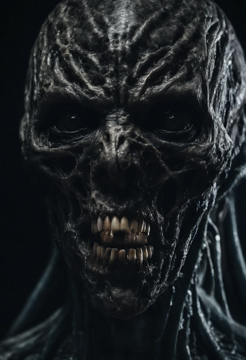 Photographic still of an alien, translucent skin, teeth dripping,, veins showing beneath it's skin, dark, onimous