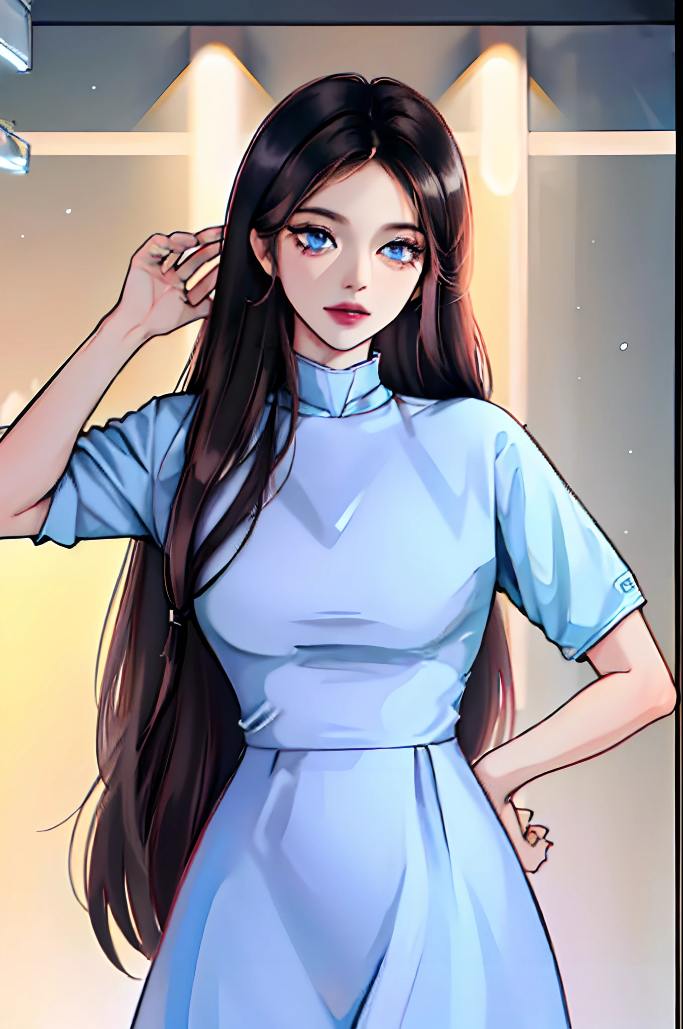 Android Housewife, black hair, blue eyes, blue shirt, long hair, stepford dress, lipstick, standing at attention
