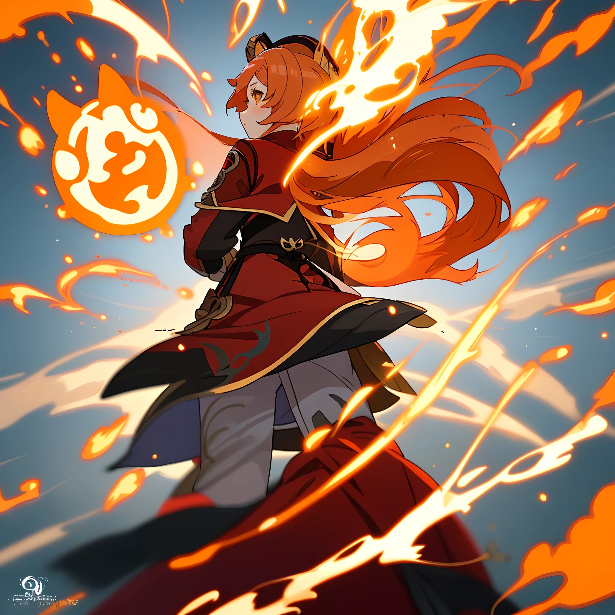 (Splash art)(anime/genshin artstyle)Pretty woman+orange straight long hair+tiger tail+tiger ears+red dress+orangish yellow eyes+ red dress, similar to the chinese Qipao with gold and orange accents on jt here and there. Also add a chinese Ru (jacket). Back of outfit can be about any length but must cover her whole back, with the exception of the are below the knee. THE DRESS MUST BE RED WITH GOLD ACCENTS AND W LITTLE WHITE(SPLASH ART)+She’s kind of short+ORANGE HAIR+fire effects. (More Cartoony/anime style)