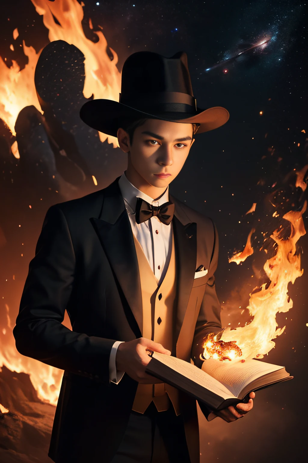 Magician, boy, tuxedo, hat, illusion, expression full of absolute confidence, never giving in, trick, mysterious, magic show, book in hand catches fire, swirling flames, physically impossible phenomenon, (space in the background), (Masterpiece), (Best Quality), (Ultra high Detailes),