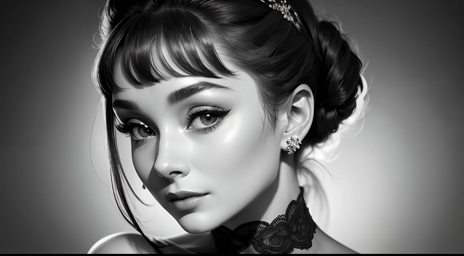 (best quality,4k,8k,highres,masterpiece:1.2),ultra-detailed,(realistic,photorealistic,photo-realistic:1.37),beautiful detailed face,classic beauty,expressive eyes,charming smile,[vintage] fashion,iconic black dress,radiant elegance,subtle glamour,elegant style,[minimalistic] background,film star aura,classic Hollywood,black and white photography,dramatic lighting,artistically posed, sophisticated beauty,vintage fashion icon,graceful presence, timeless appeal, captivating gaze, iconic Audrey Hepburn.