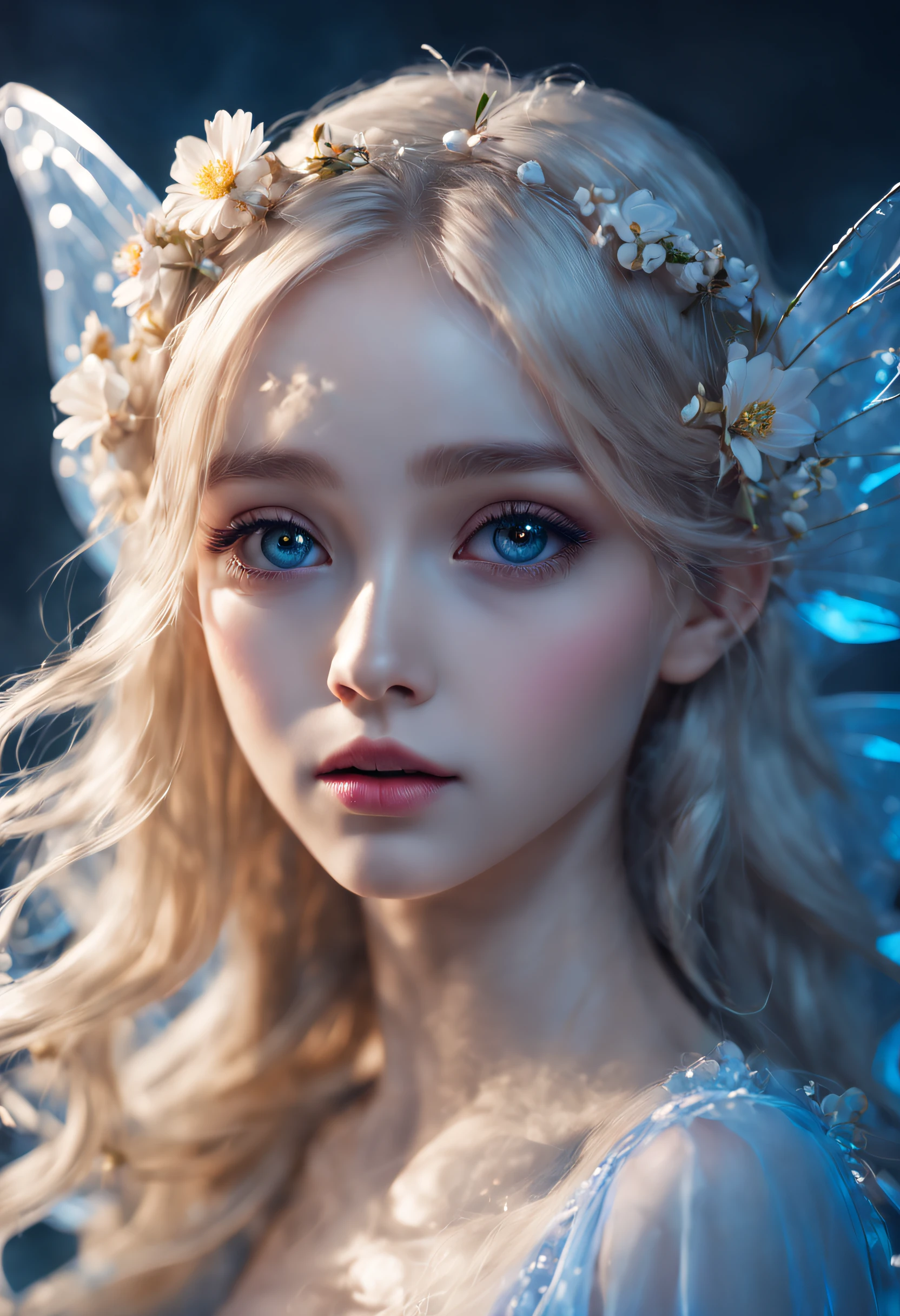 A high resolution,Best quality ,Blonde girl,Face up,the Flower Fairy,Fairy-like transparent wings,Composition in the play,delicated face,8K。blue tint,high light,rim-light,