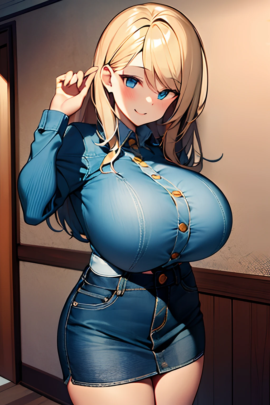 Big breasted blonde wearing a denim jacket, one arm raised