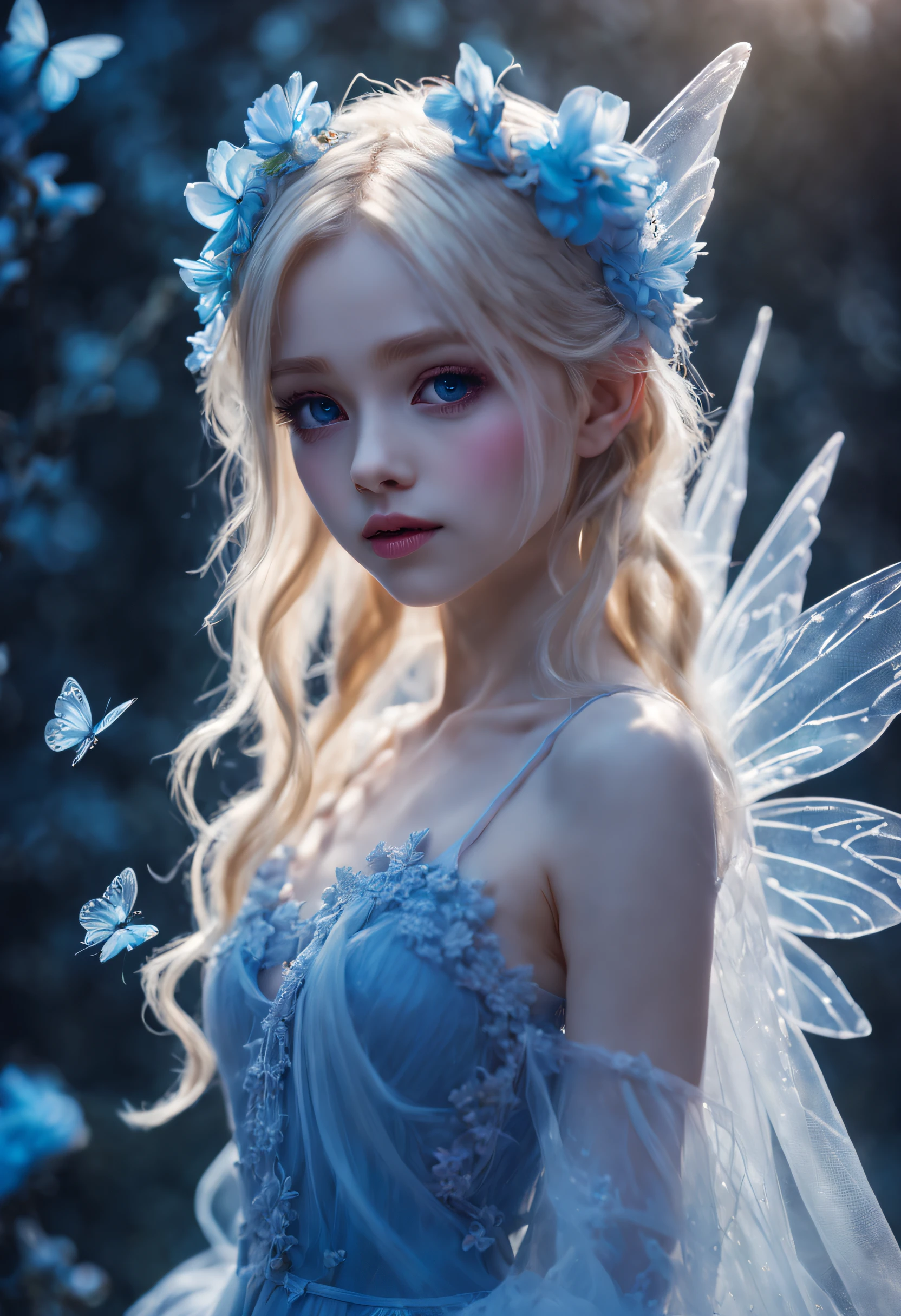 A girl with blue eyes and a white dress is posing for a picture - SeaArt AI