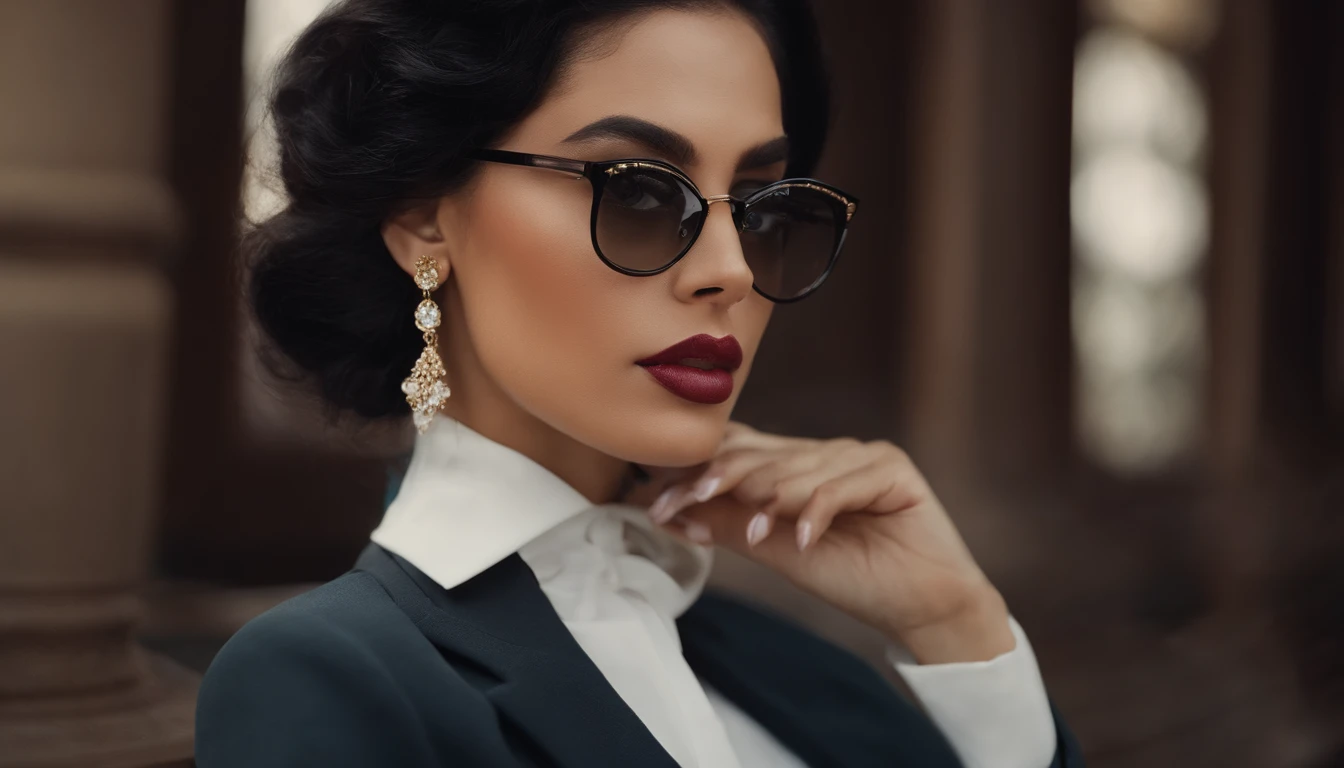 Black hair, Glasses, Stud earrings, Vintage, Feminine, 8K, masutepiece, Best Quality, excellent details) , (High color saturation, Best Shadows, best light, Very delicate bleaching) Dark style