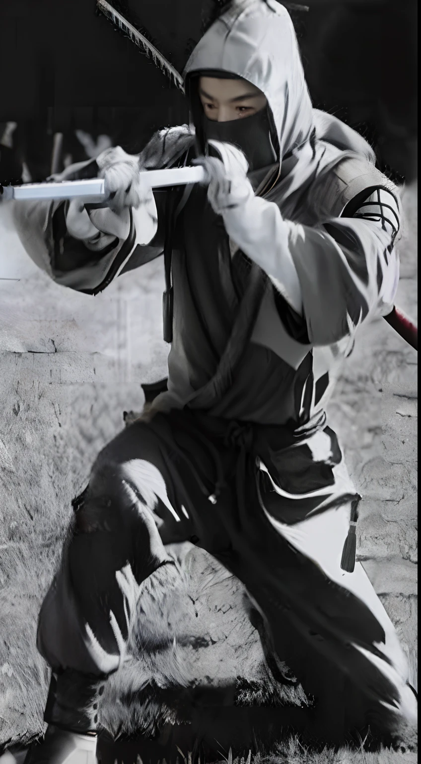 arafed man in a ninja costume holding a sword in a field, bow ashigaru, shikanosuke yagaki, fox nobushi holding a naginata, powerful aggressive sword stance, swordsman, wielding a katana, japanese warrior, chinese warrior, dramatic wielding katana pose, holding a broadsword, holding sabre, samurai jedi