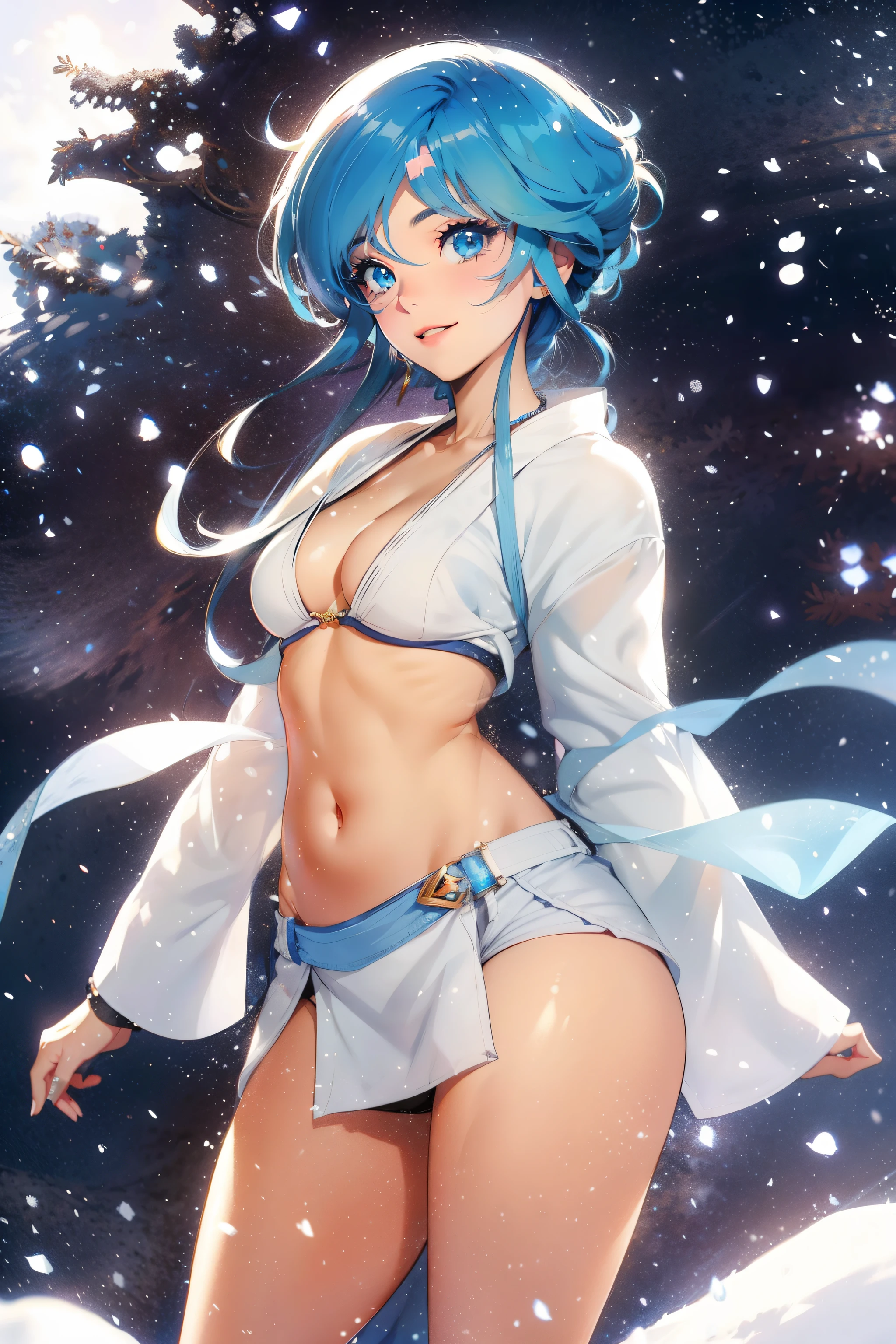Yukime la mujer de la nieve, ojos hermosos cautivadores azules, sonriendo mucho, disfrutando de modelar, efecto granulado brillos por la nieve