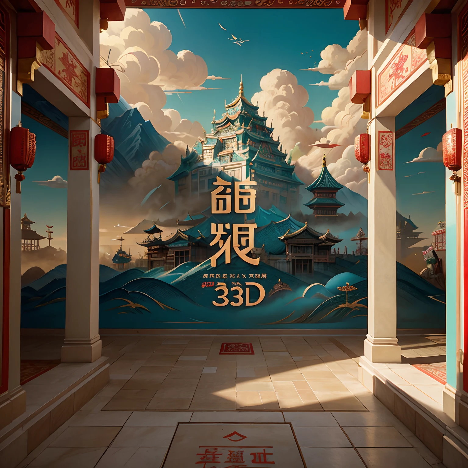 chinese new year 3d typography in the clouds, in the style of richly detailed genre paintings, trompe l'oeil compositions, murals and wall drawings, precise, detailed architecture paintings, 32k uhd, detailed character illustrations, teal and red
