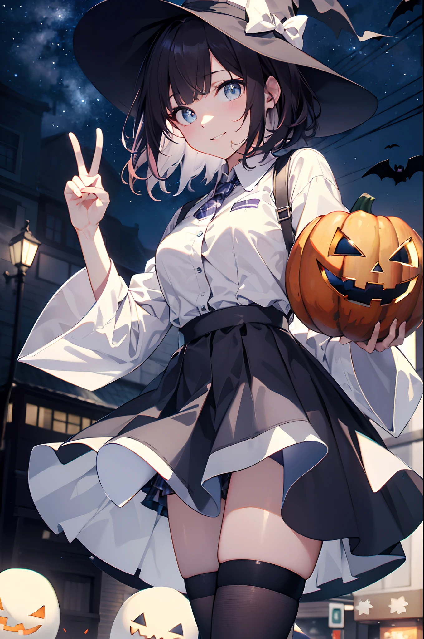 (top-quality、in 8K、32K、masterpiece、nffsw、超A high resolution、Impresionismo、Photorealsitic:1.2)、cowboy shot、foco nítido、detailed faces and eyes、(Tokyo at night、Halloween Decorations、The ghost is flying、Ghost pumpkin、Very colorful、Vivid Color:1.2)、(Very colorful night sky、Colorful ghosts flying in the sky)、Sharp pupils、Realistic pupils、beauitful face、blurry backround、18 year old beautiful girl、shinny skin、Bery short hair、Beautiful dark brown hair、Blunt bangs、Dark blue eyes、Wizard Hat、cloaks、Shirt、Halloween tie、Plaid miniskirt、Black socks、(Holding a skirt in your right hand、Lifting skirt:1.3)、(Left hand is a peace sign)、(Happy expression on face:1.2)、dynamicposes