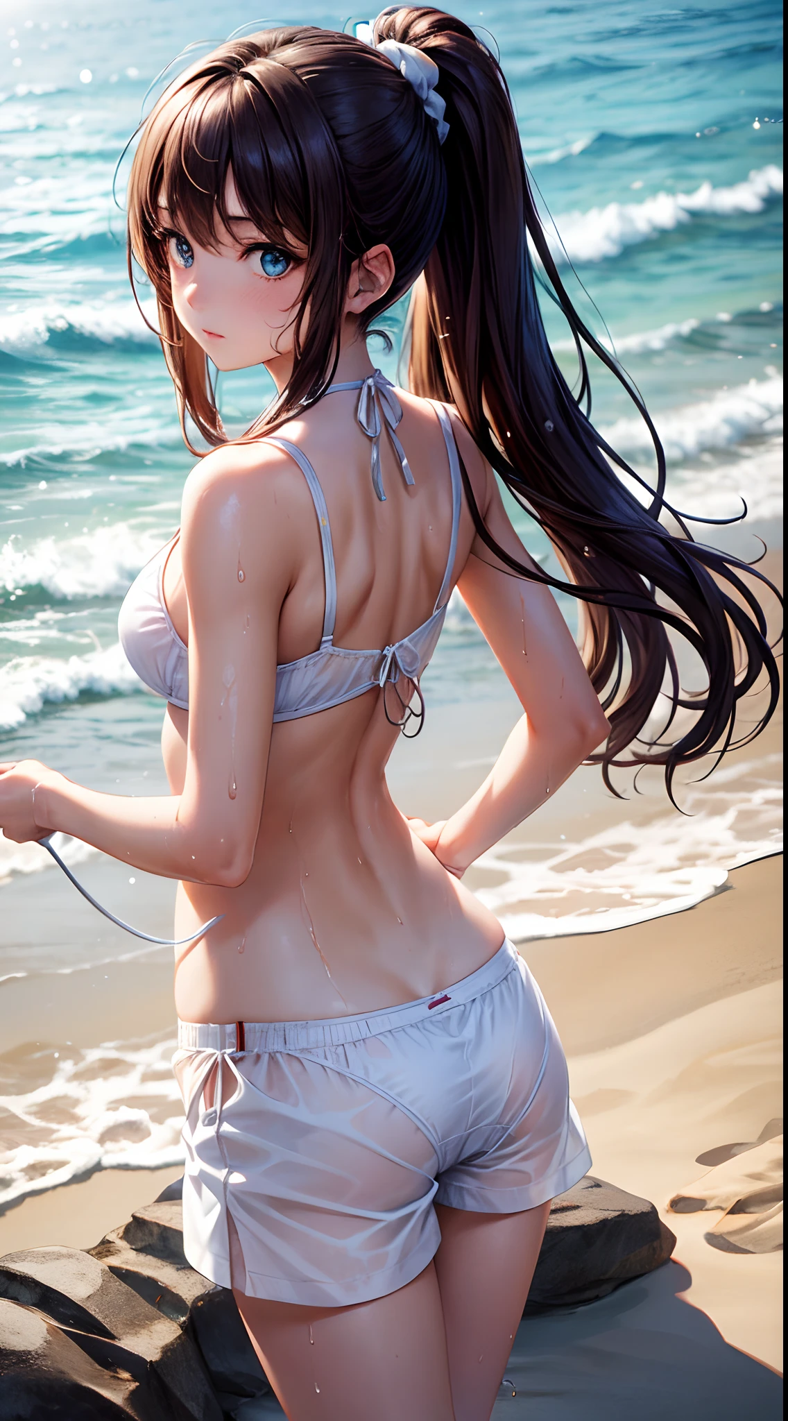 femele,12 years old,Brown hair,maikurobikini,(((White boxer shorts))),Beautiful ponytail,Blue eyes,Hair fastening to bangs,Wet with water,Look back、sand beach,