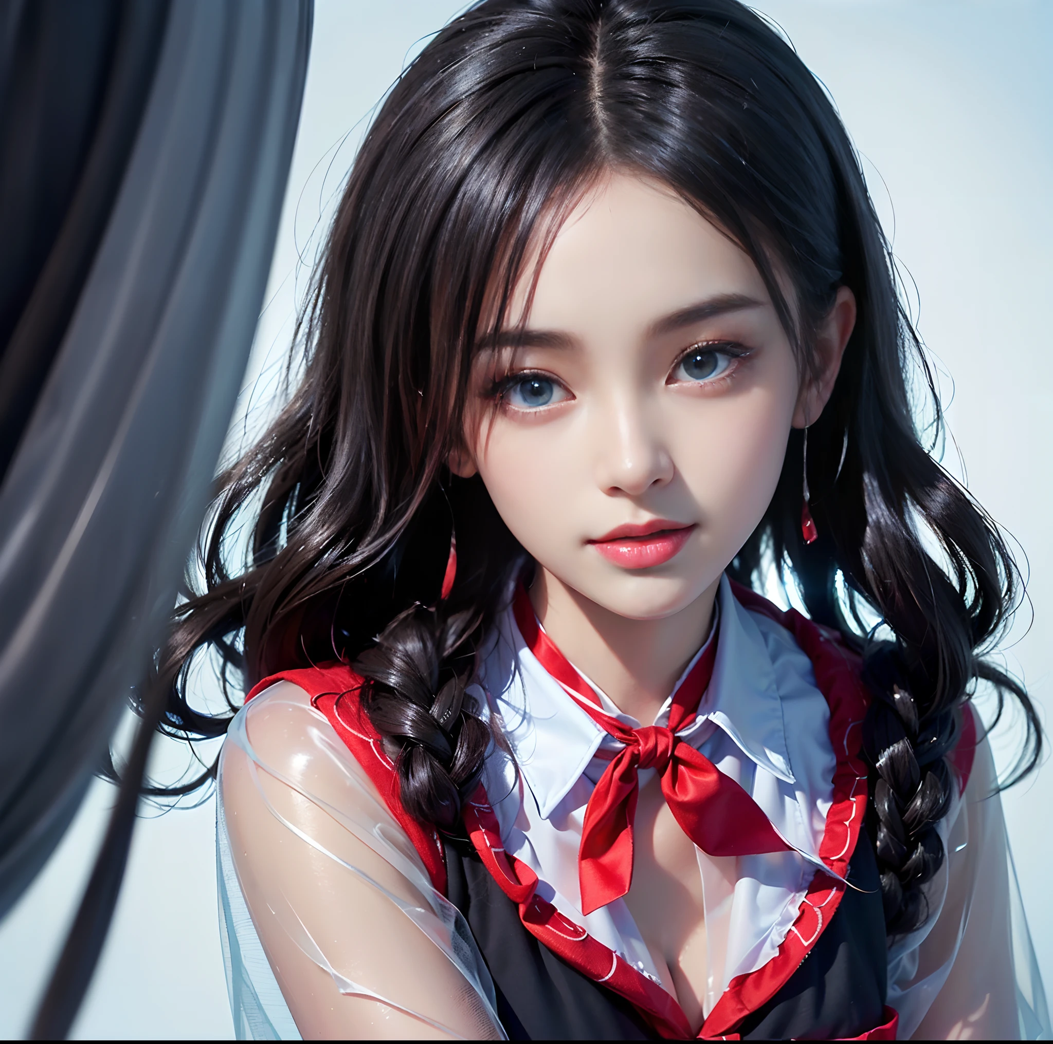 top-quality, masterpiece, (Professional lighting without shadows), A hyper-realistic, Bewitching, perfect anatomia, Two girls, (Girl proudly standing in front of camera shows off high school girl uniform ribbon ties, Another girl on the other side, Bend over and stick your butt out towards the camera), ( Huge breasts:1.2), (Bright and even whitening skin without wrinkles and steps), (Bright beautiful blue eyes with long black eyelashes and red tear bags reflected light:1.5)、 (Braided half-up hair with bangs:1.2), (Her outfit is、Dress up cramped schoolgirl uniform accurately:1.3), (Proudly showing off a crimson ribbon tie from the front:1.2), (Another girl on the other side、To beautifully emphasize the proud ultra mini pleated skirt、Showing off a pose with the buttocks exposed from directly behind:1.3), (Beautiful face squinting in dazzling light:1.4), ssmile, (All clothes are thin and translucent、trivial and high-quality gloss,:1.6)